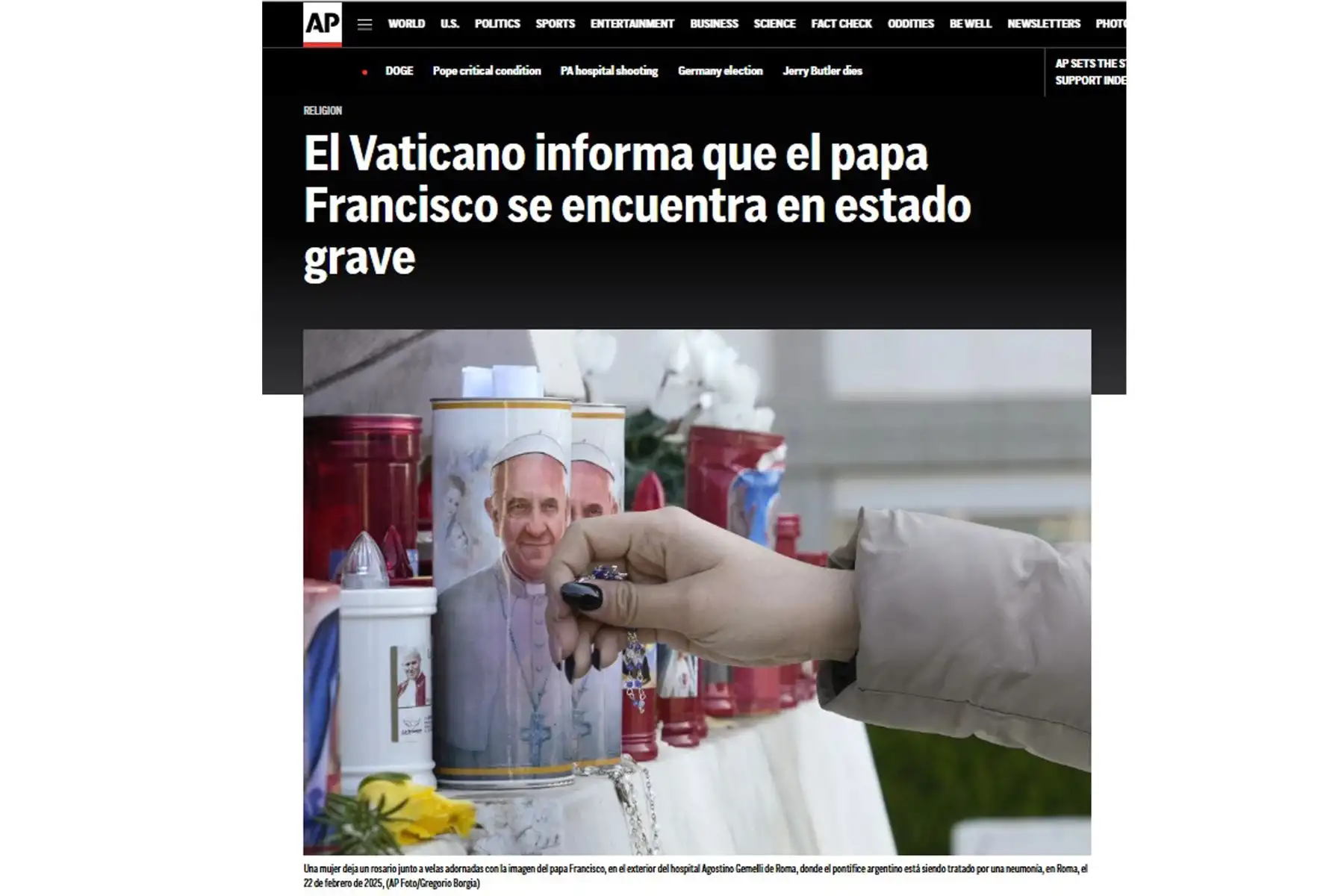 Así informan los principales medios periodísticos del mundo sobre la salud del Papa Francisco. En la imagen, portada de Associated Press.
Foto: ANDINA/ Difusión