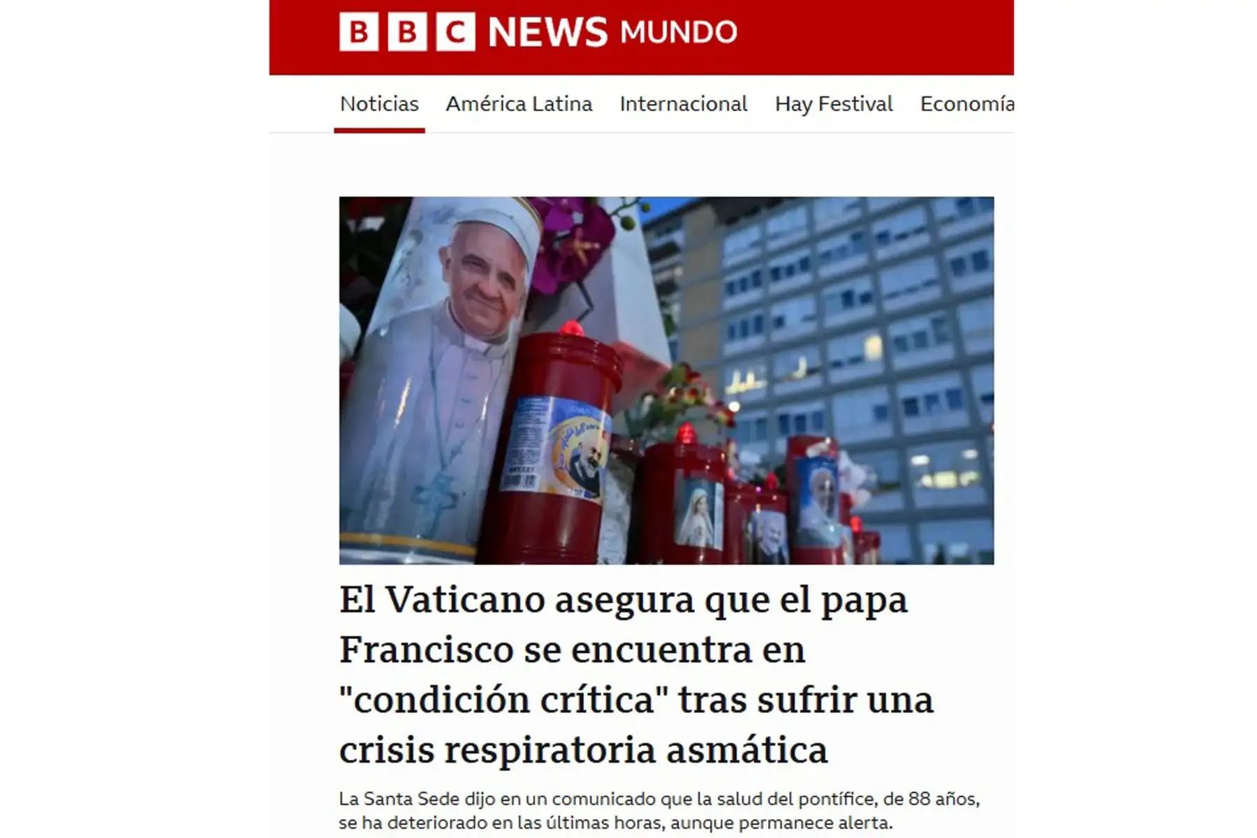 Así informan los principales medios periodísticos del mundo sobre la salud del Papa Francisco. En la imagen, portada de la BBC.
Foto: ANDINA/ Difusión