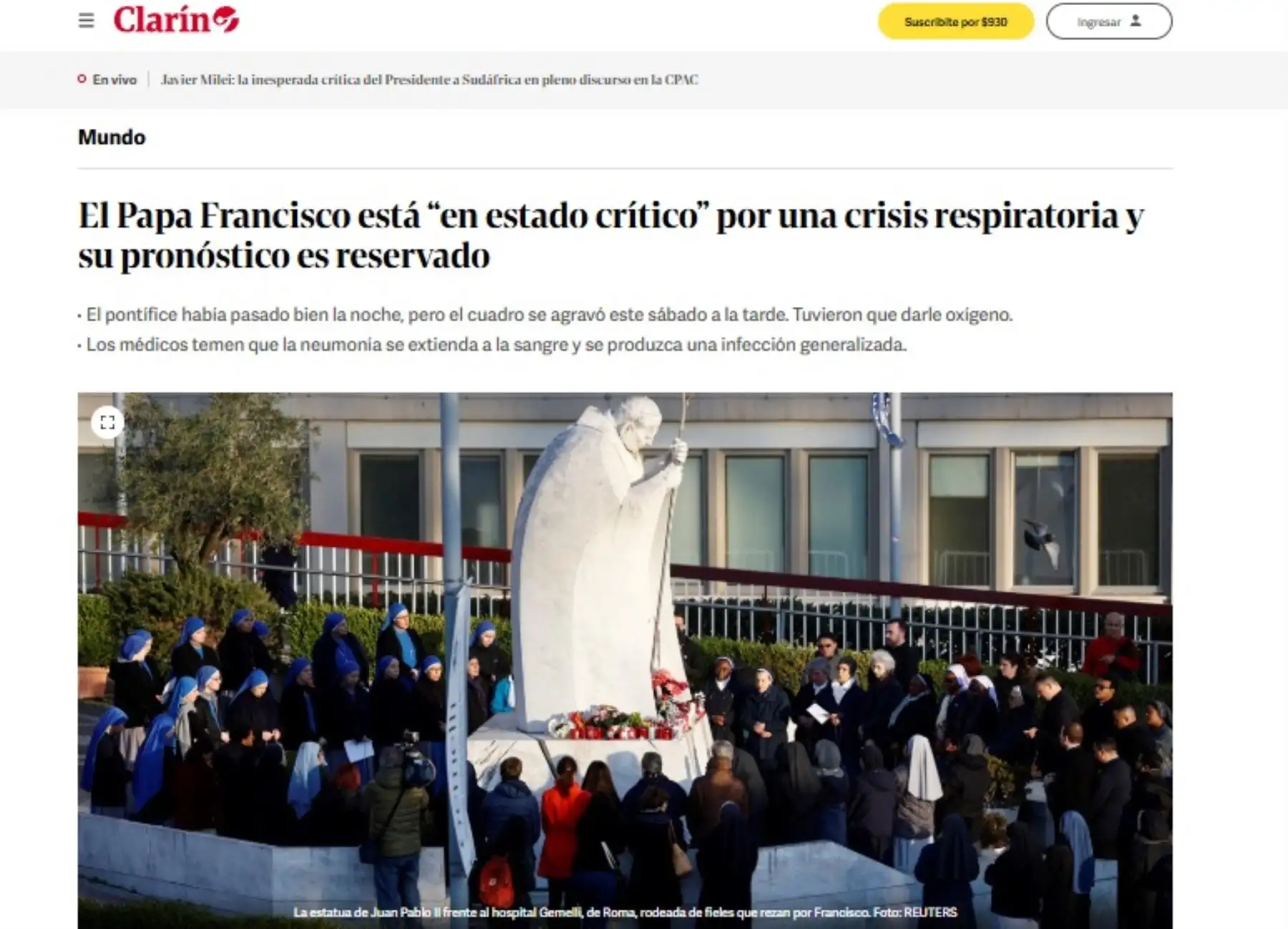 Así informan los principales medios periodísticos del mundo sobre la salud del Papa Francisco. En la imagen, portada Clarín.
Foto: ANDINA/ Difusión