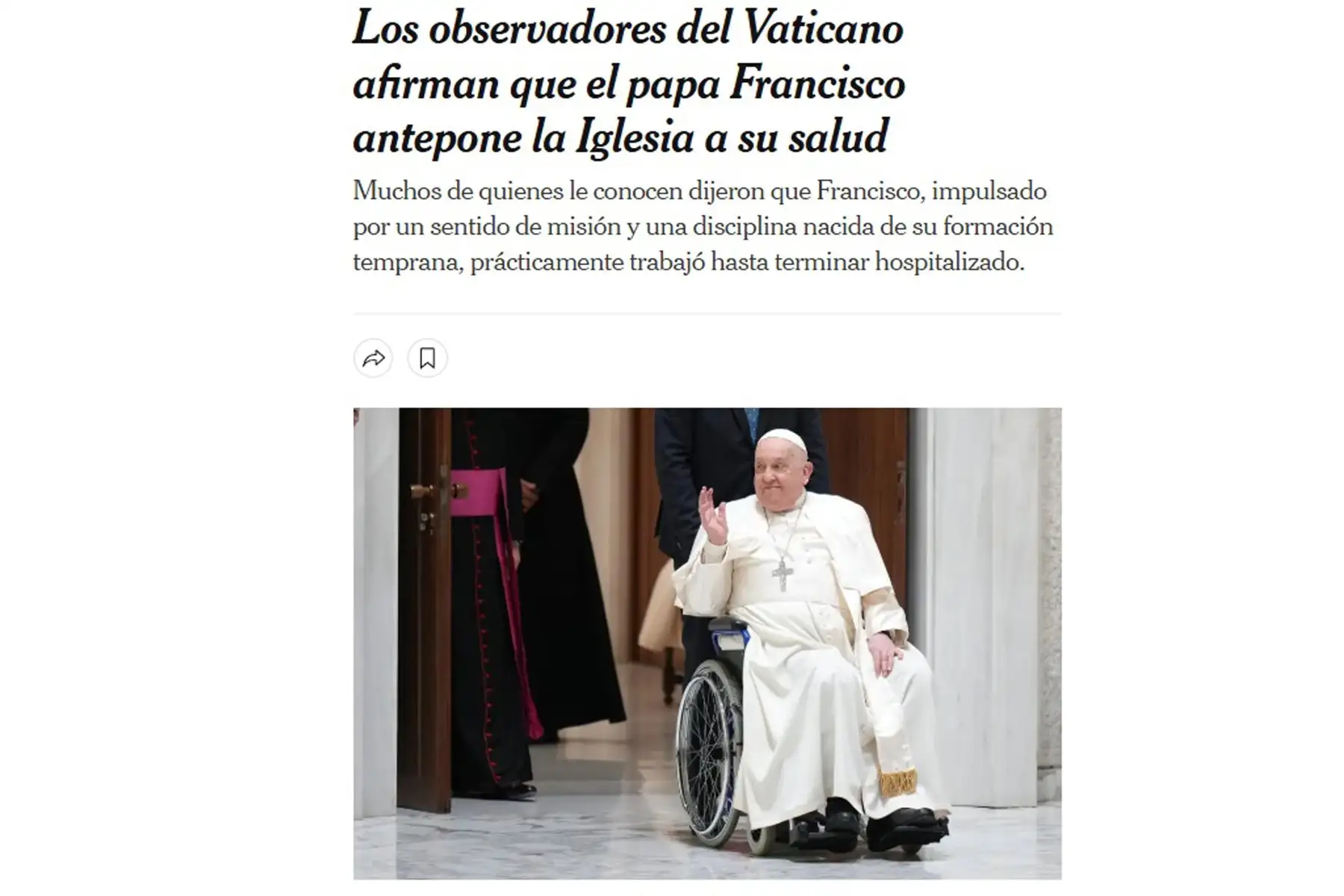 Así informan los principales medios periodísticos del mundo sobre la salud del Papa Francisco. En la imagen, portada de The New York Times en Español.
Foto: ANDINA/ Difusión