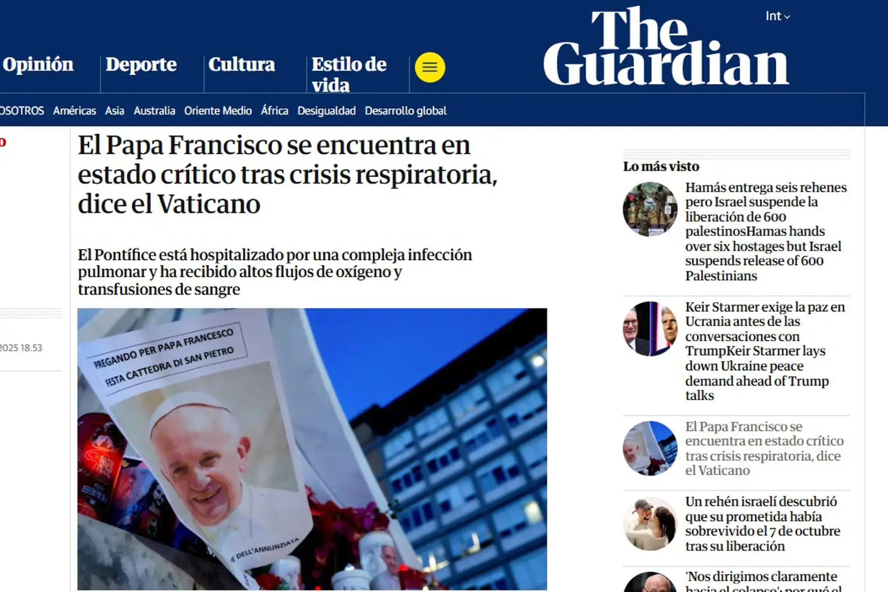 Así informan los principales medios periodísticos del mundo sobre la salud del Papa Francisco. En la imagen, portada de The Guardian.
Foto: ANDINA/ Difusión