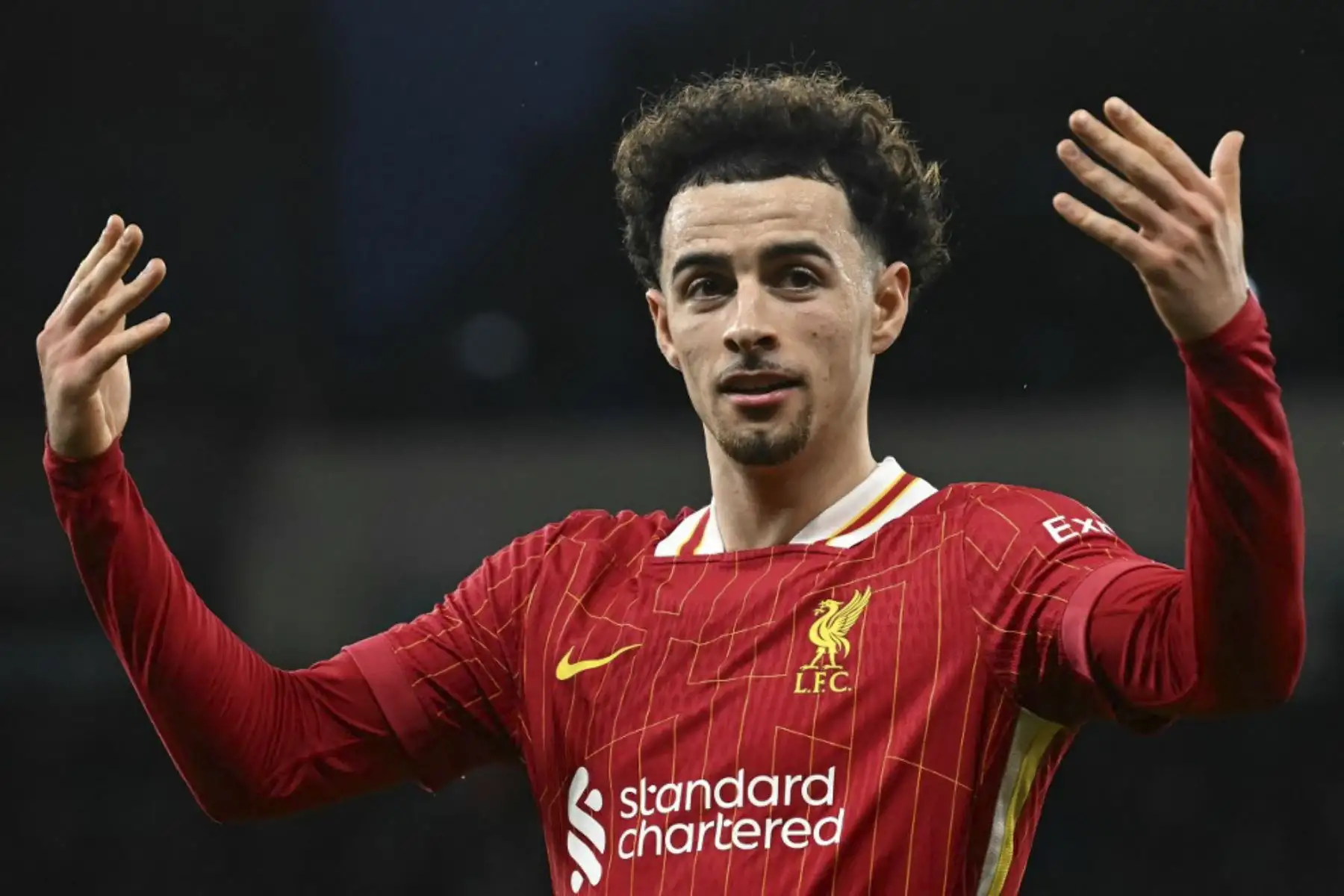 El centrocampista inglés número 17 del Liverpool, Curtis Jones, celebra el gol, pero el gol no fue permitido debido a un fuera de juego, durante el partido de fútbol de la Premier League inglesa entre el Manchester City y el Liverpool en el Estadio Etihad de Manchester, al noroeste de Inglaterra, el 23 de febrero de 2025. (Foto de Paul ELLIS / AFP)