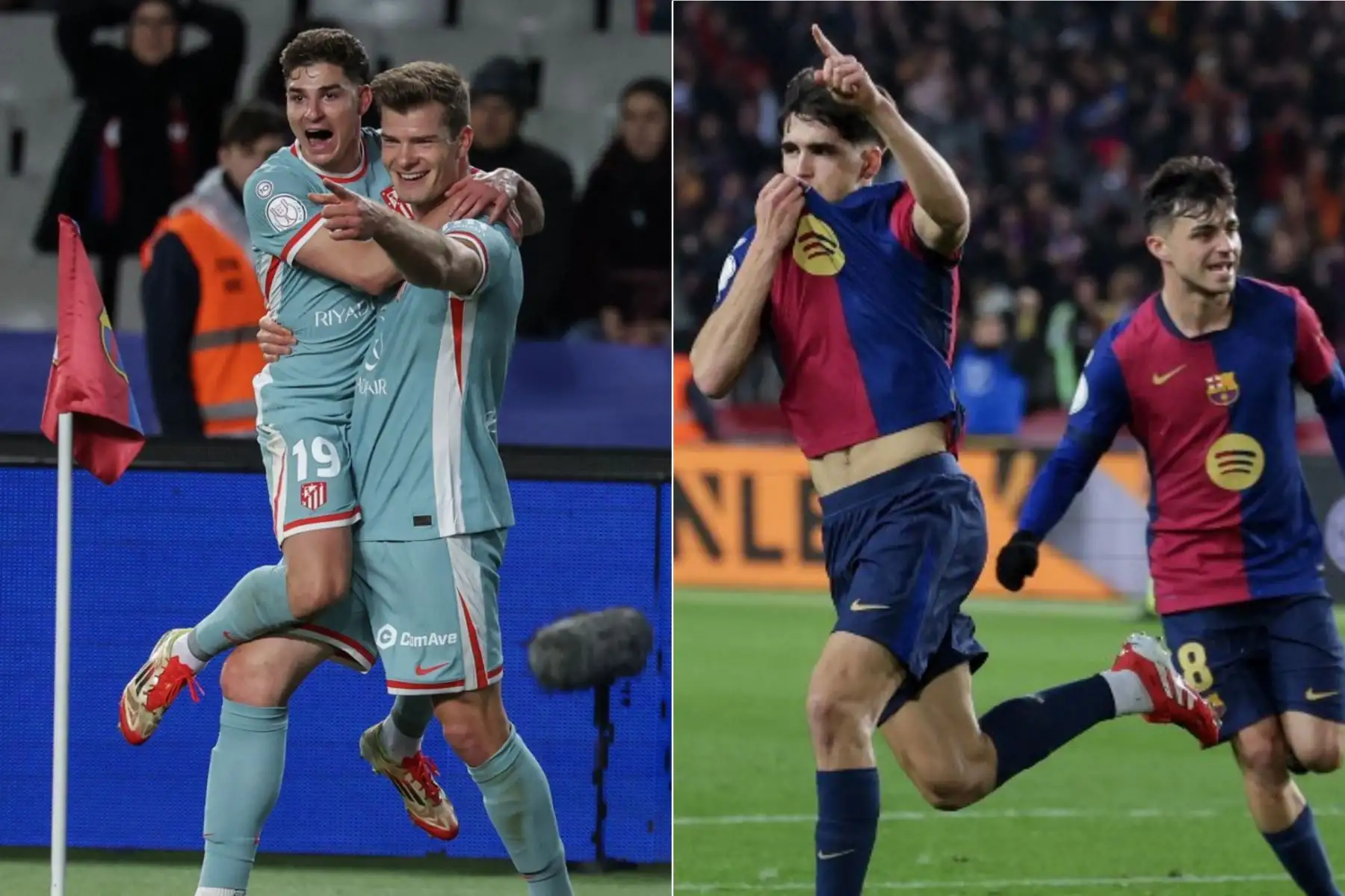 El Barcelona y el Atlético de Madrid protagonizaron un vibrante empate 4-4 en la ida de las semifinales de la Copa del Rey, en un partido de altísima intensidad de principio a fin. Los colchoneros golpearon primero con dos goles tempraneros, pero el Barça reaccionó con una remontada antes del descanso. Cuando parecía todo sentenciado, y con un 4-2 en contra, el Atlético resurgió en los minutos finales, dejando la eliminatoria abierta para la vuelta en el Metropolitano. Foto: Composición digital con fotos de AFP