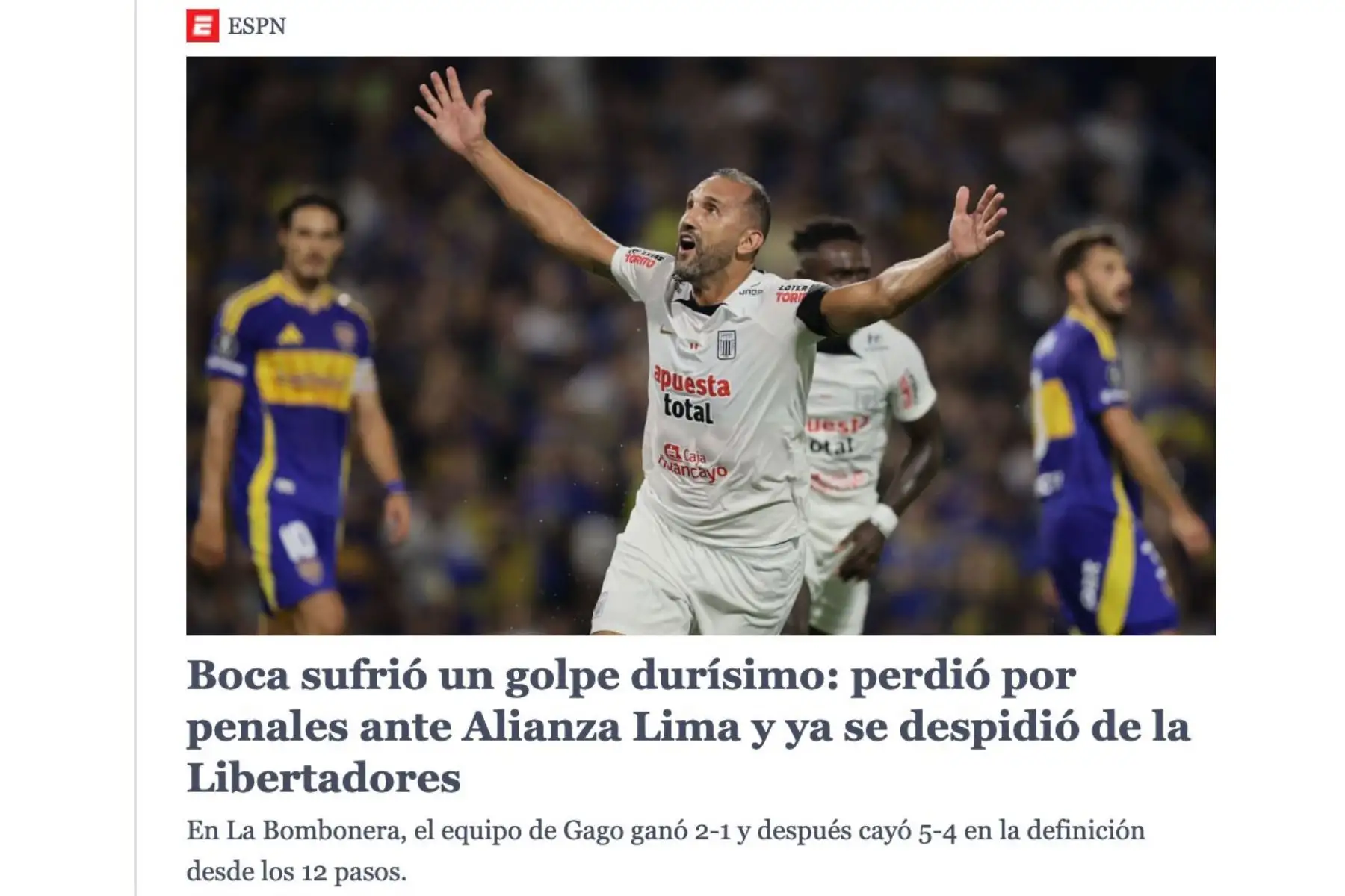 La prensa internacional no tardó en reaccionar al histórico triunfo de Alianza Lima sobre Boca Juniors en La Bombonera. Foto: Captura TV