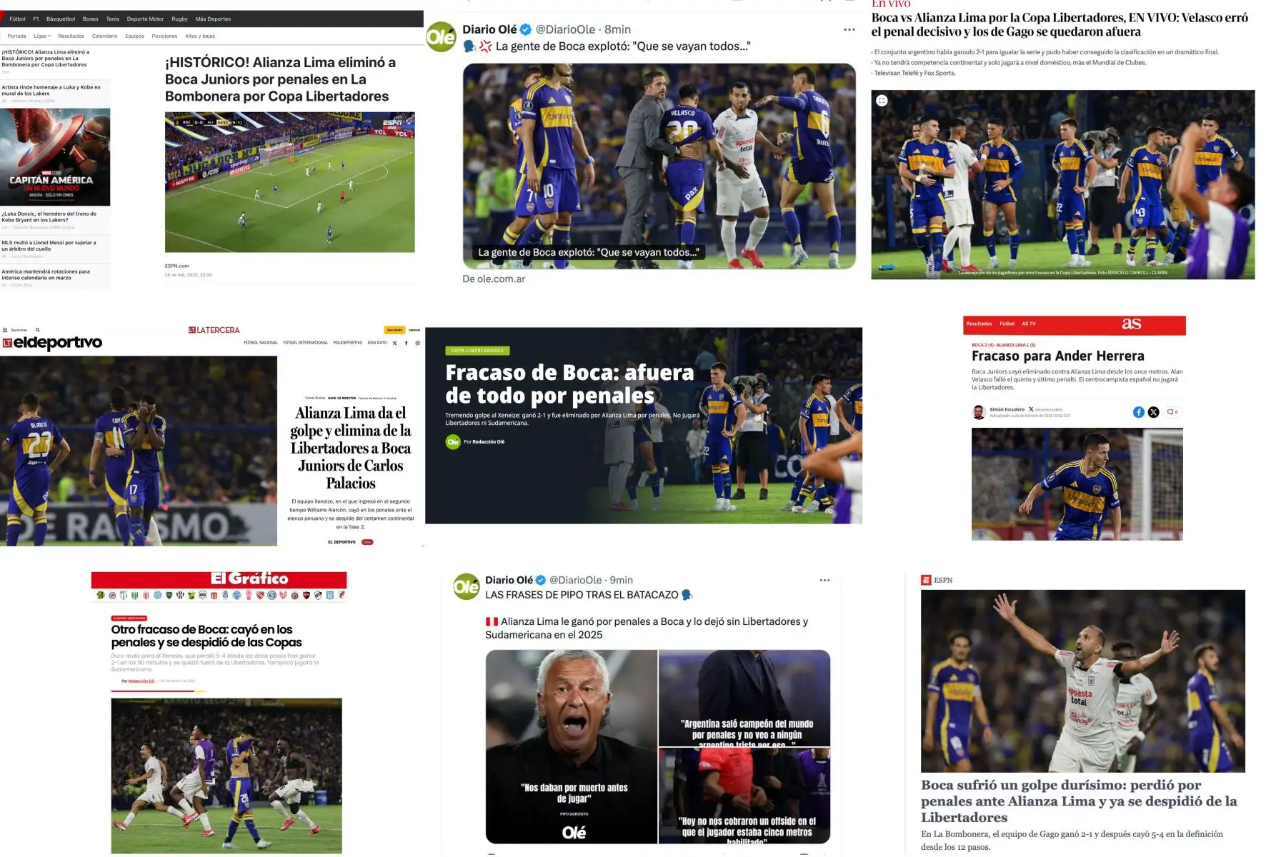 La prensa internacional no tardó en reaccionar al histórico triunfo de Alianza Lima sobre Boca Juniors en La Bombonera. Foto: ANDINA/Composición digital con capturas de pantalla
