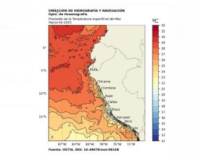 La temperatura superficial del mar registra un incremento de hasta 4.9 grados Celsius en el litoral norte, frente a las costas de Tumbes y Piura.