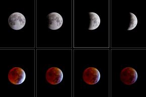 Combo de fotografías donde se observa la luna llena este viernes, durante eclipse lunar, un fenómeno astronómico conocido como "luna roja", en Caracas (Venezuela). Foto: EFE