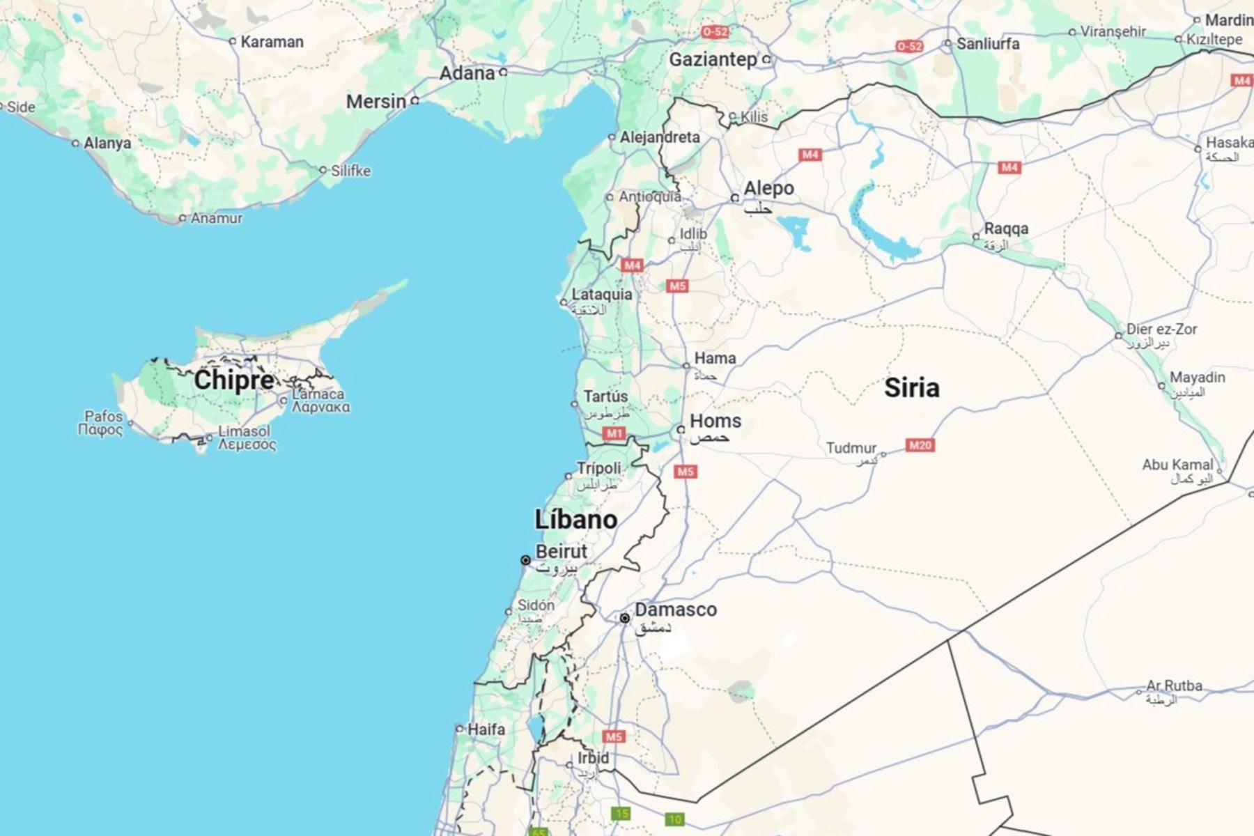 Mapa de ubicación de Líbano y Siria en Oriente Medio. Imagen: Google Maps.