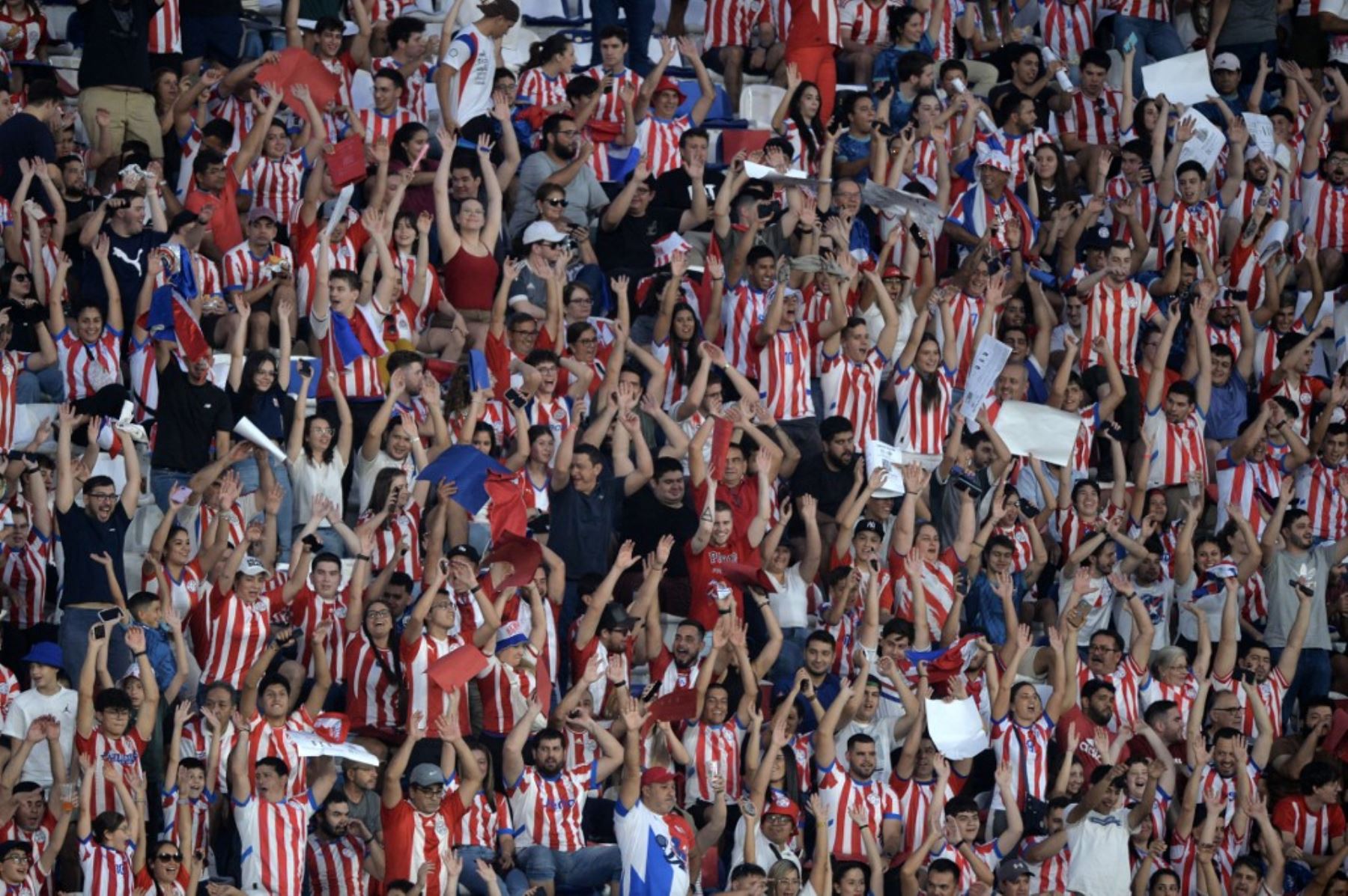 Hinchas de Paraguay animan a su selección durante el partido de clasificación sudamericana para la Copa Mundial de la FIFA 2026 entre Paraguay y Chile en el estadio Defensores del Chaco en Asunción el 20 de marzo de 2025. Foto: AFP