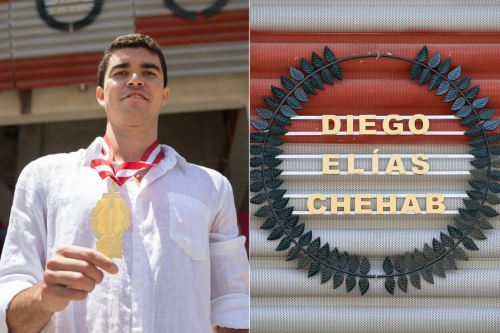 Diego Elías en el frontis del Estadio Nacional, donde se lucen desde hoy los Laureles Deportivos que le otorgó el IPD. Foto: IPD/Difusión