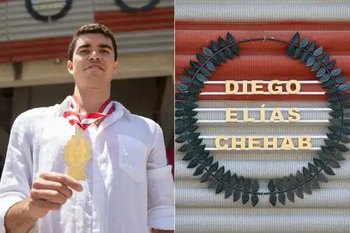 Diego Elías en el frontis del Estadio Nacional, donde se lucen desde hoy los Laureles Deportivos que le otorgó el IPD. Foto: IPD/Difusión