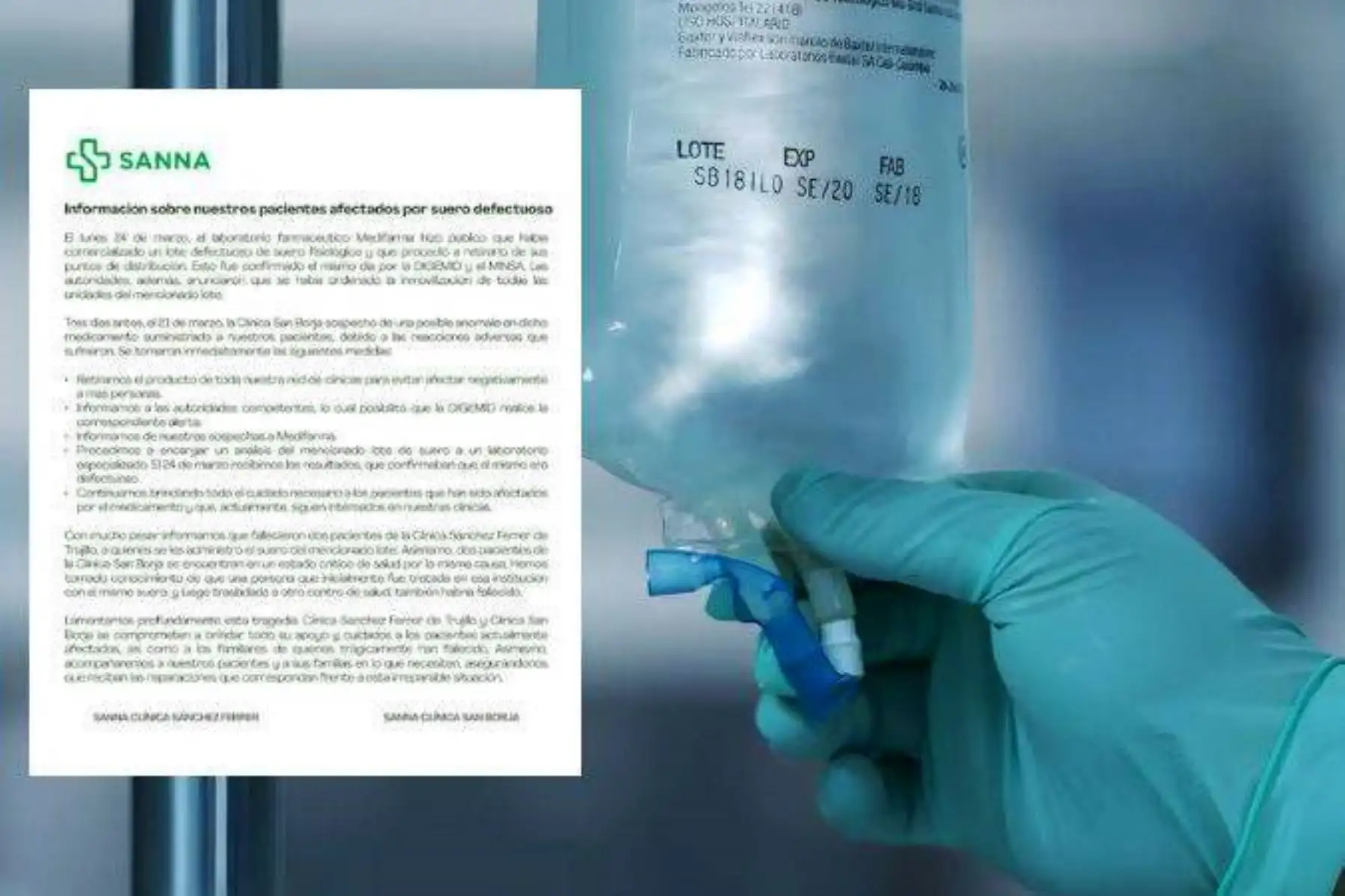 Red de clínicas Sanna confirma muerte de 2 pacientes por suero fisiológico inmovilizado. Foto: ANDINA/Difusión.