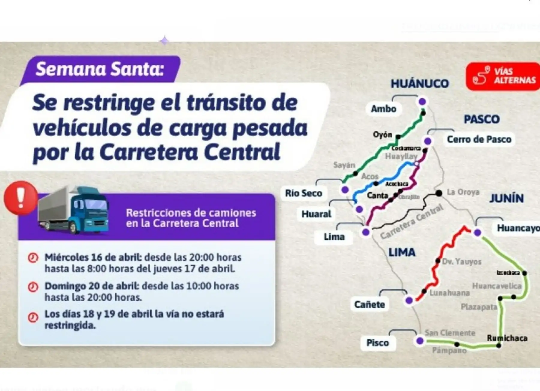 El MTC informó que se restringirá el tránsito de vehículos de carga pesada por la carretera Central durante el feriado largo por Semana Santa. Foto: ANDINA/difusión.