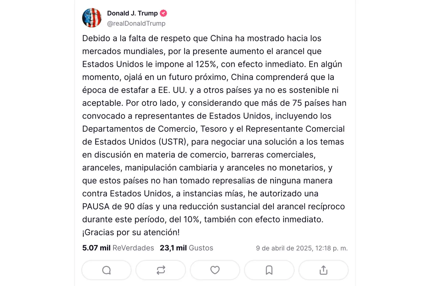El republicano explicó en su red social Truth Social que su decisión obedece a que más de 75 países han buscado negociar con Washington y "no han tomado represalias de ninguna manera contra Estados Unidos". Foto: Captura de pantalla