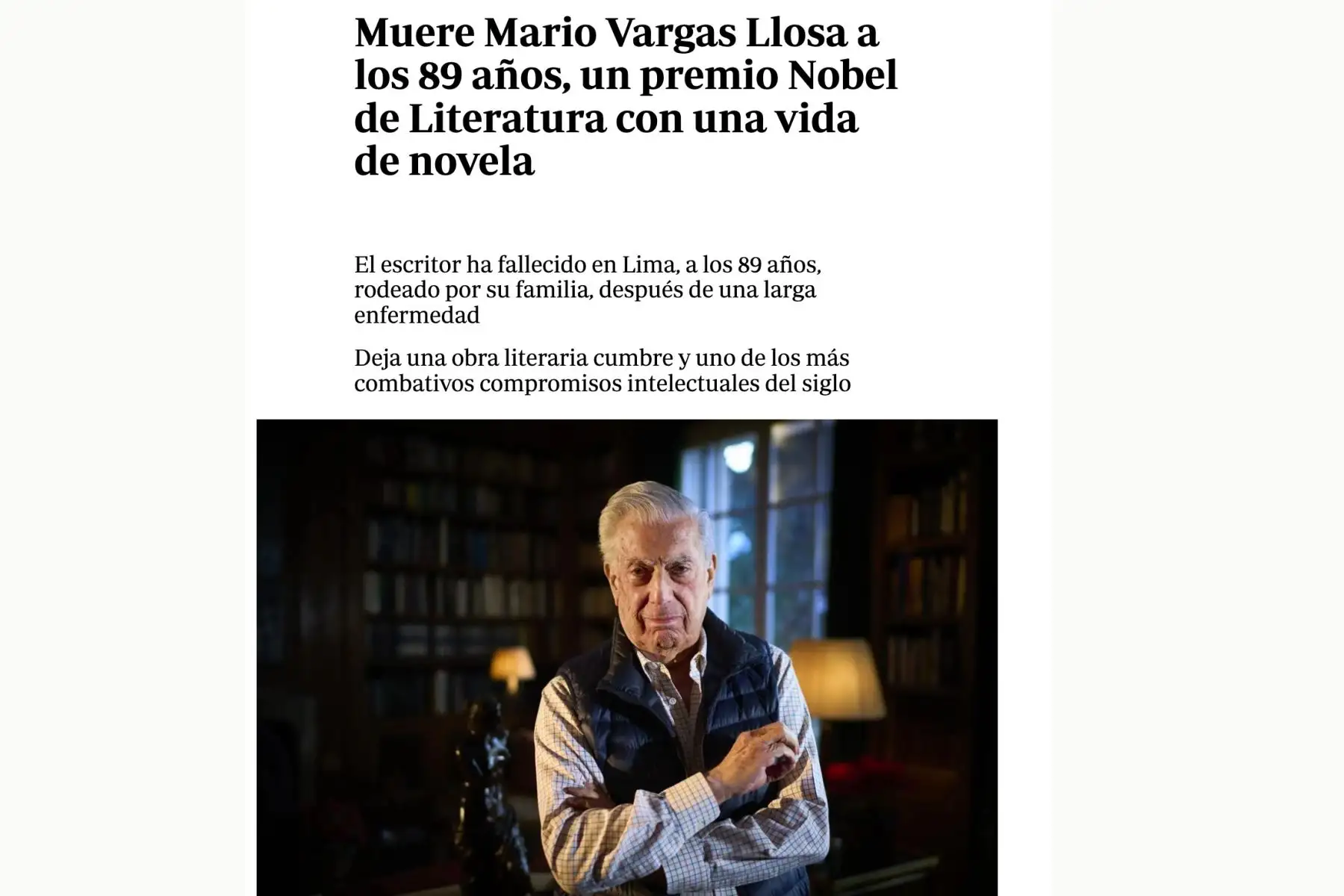 El escritor peruano Mario Vargas Llosa, Premio Nobel de Literatura, falleció hoy en Lima a los 89 años. Foto: Captura