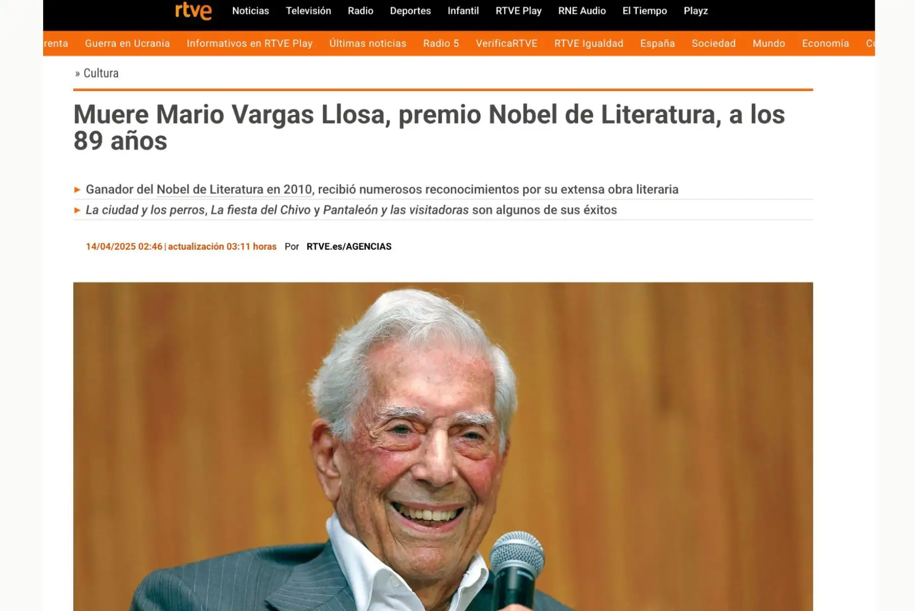 El escritor peruano Mario Vargas Llosa, Premio Nobel de Literatura, falleció hoy en Lima a los 89 años. Foto: Captura