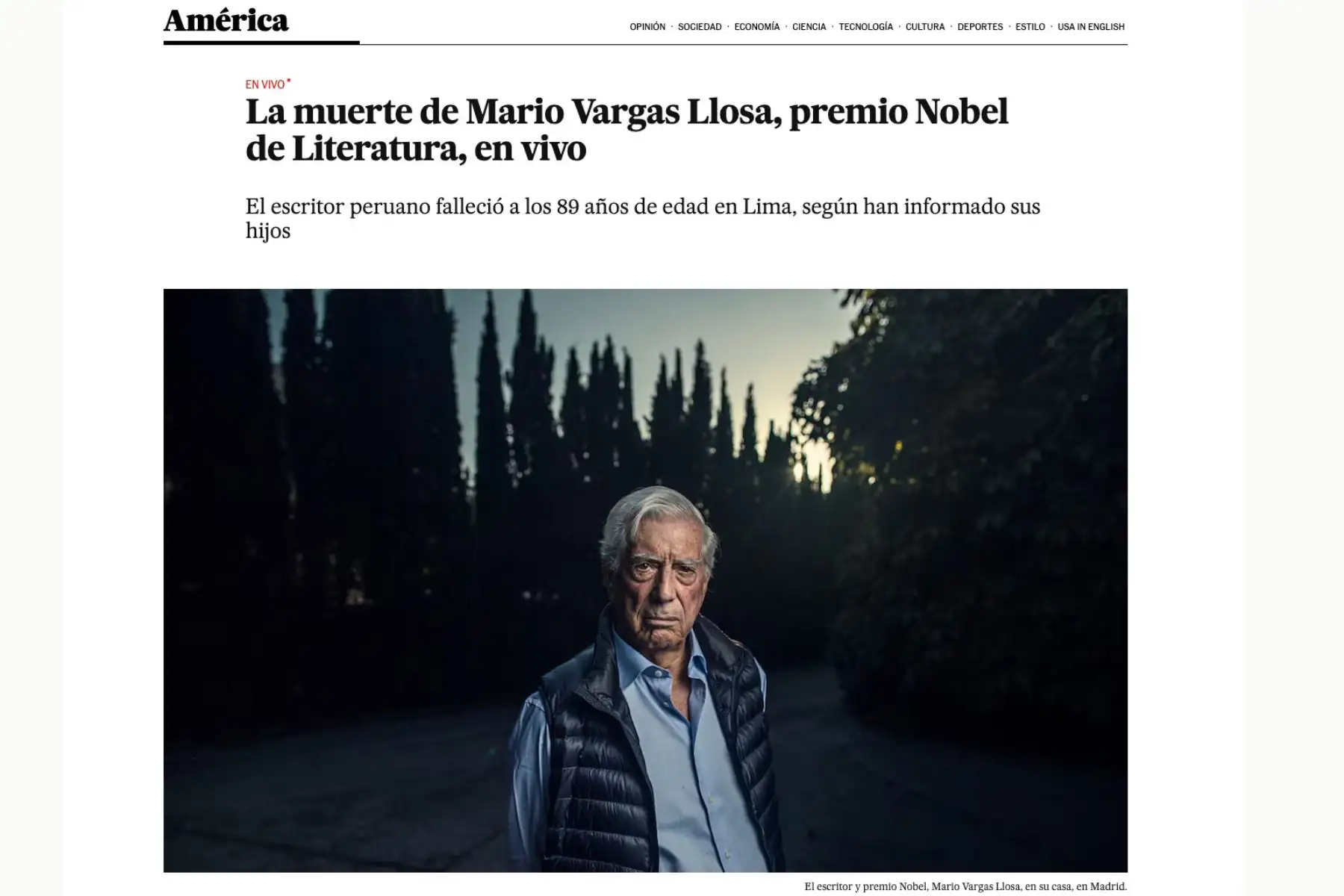 El escritor peruano Mario Vargas Llosa, Premio Nobel de Literatura, falleció hoy en Lima a los 89 años. Foto: Captura