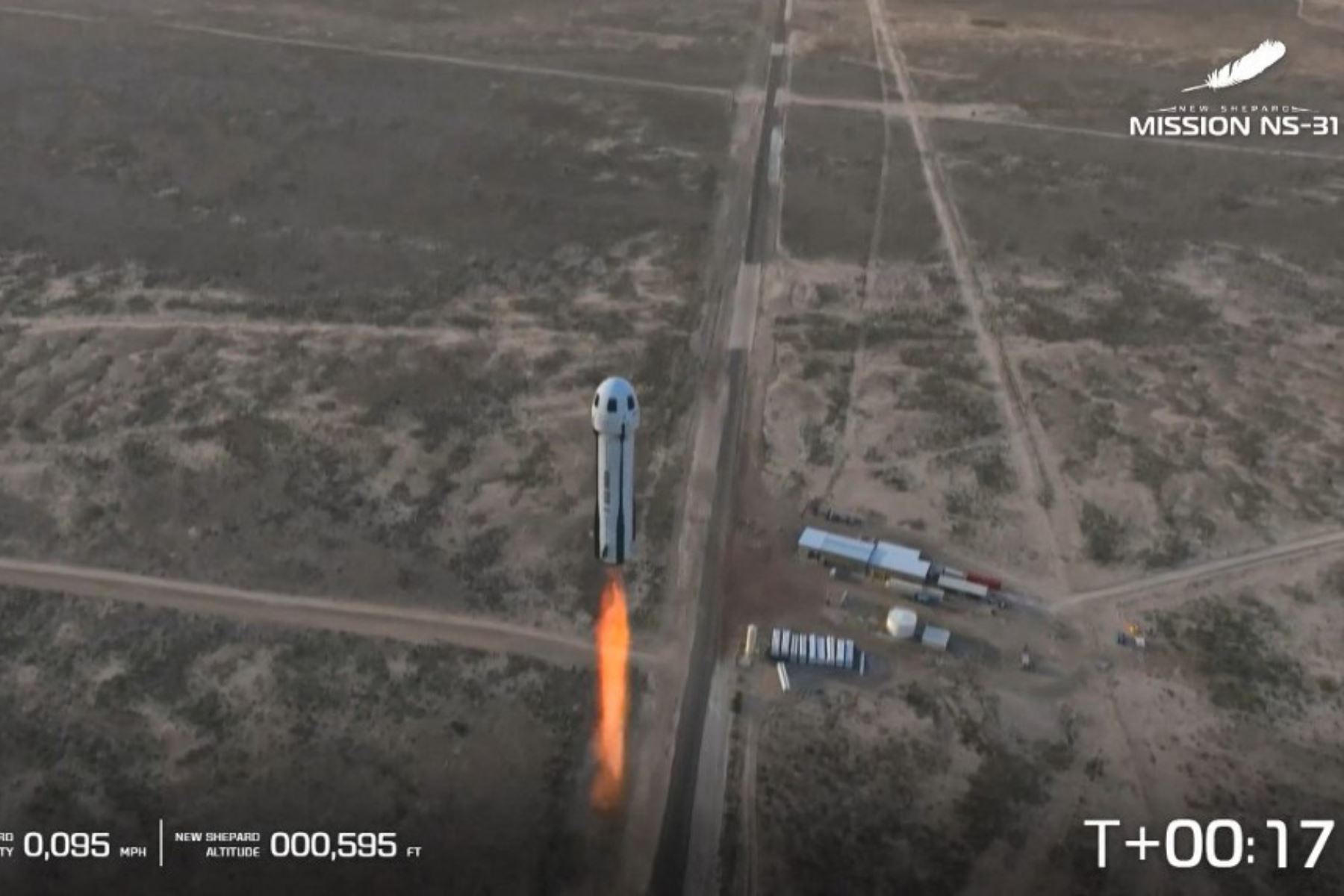 Esta captura de pantalla, tomada de una transmisión de Blue Origin, muestra el despegue del vuelo NS-31 del New Shepard de Blue Origin desde el Sitio de Lanzamiento Uno en Van Horn, oeste de Texas, el 14 de abril de 2025. La tripulación, compuesta exclusivamente por mujeres. Foto: AFP