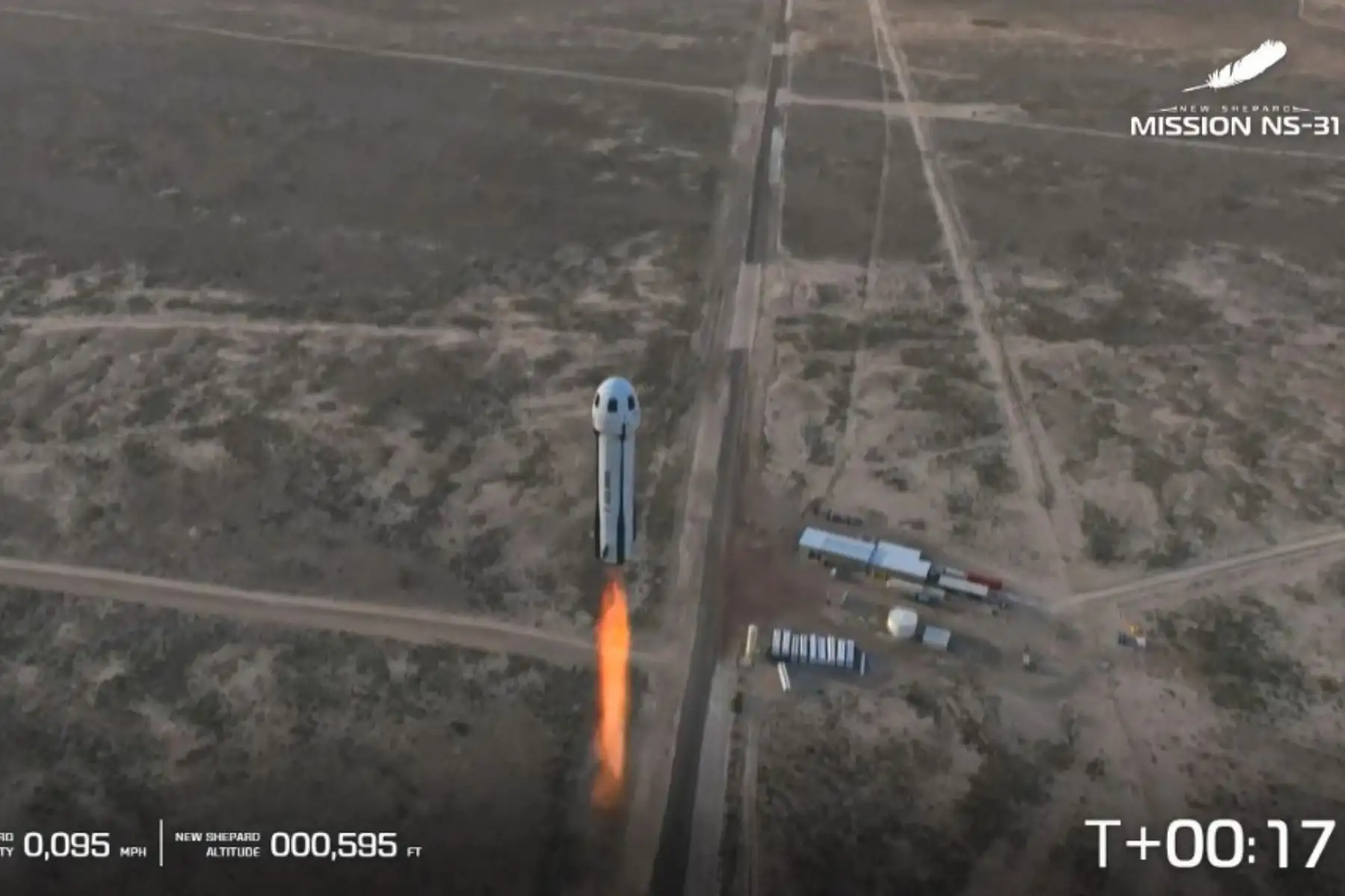 Esta captura de pantalla, tomada de una transmisión de Blue Origin, muestra el despegue del vuelo NS-31 del New Shepard de Blue Origin desde el Sitio de Lanzamiento Uno en Van Horn, oeste de Texas, el 14 de abril de 2025. La tripulación, compuesta exclusivamente por mujeres. Foto: AFP