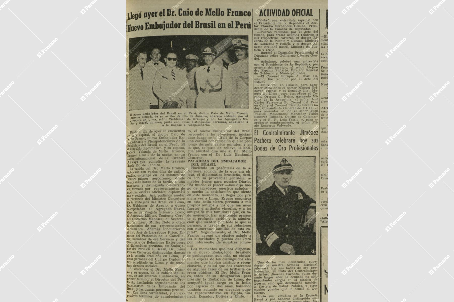 Página del diario La Crónica del 13 de enero de 1952 donde se publica la primera nota de Mario Vargas LLosa sobre la llegada del nuevo embajador de Brasil en el Perú, Caio de Mello Franco. Foto: Diario La Crónica / Cendoc El Peruano