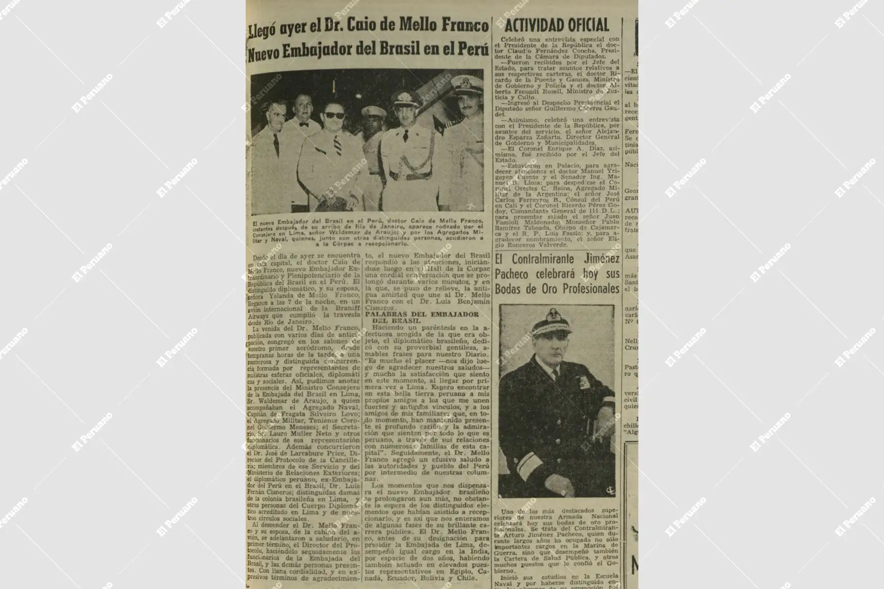 Página del diario La Crónica del 13 de enero de 1952 donde se publica la primera nota de Mario Vargas LLosa sobre la llegada del nuevo embajador de Brasil en el Perú, Caio de Mello Franco. Foto: Diario La Crónica / Cendoc El Peruano
