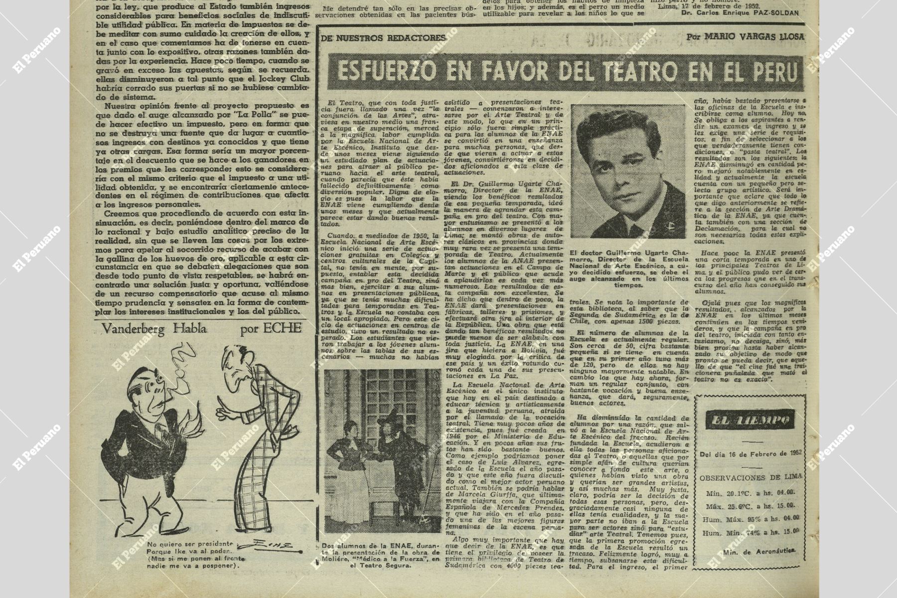 Página del diario La Crónica del 17 febrero de 1952, donde se publica el artículo "Esfuerzo en favor del teatro en el Perú", de Mario Vargas LLosa. Foto: Diario La Crónica / Cendoc El Peruano
