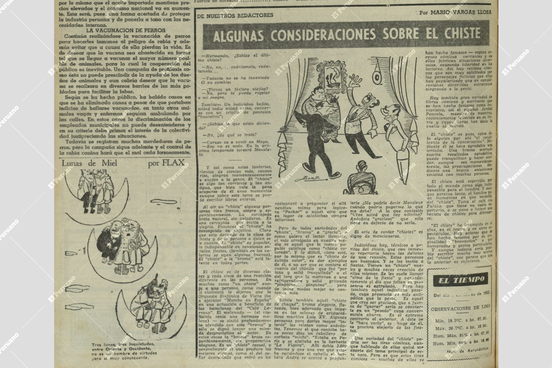 Página del diario La Crónica del 8 de marzo de 1952 donde se publica el artículo "Algunas consideraciones sobre el chiste", de Mario Vargas LLosa. Foto: Diario La Crónica / Cendoc El Peruano
