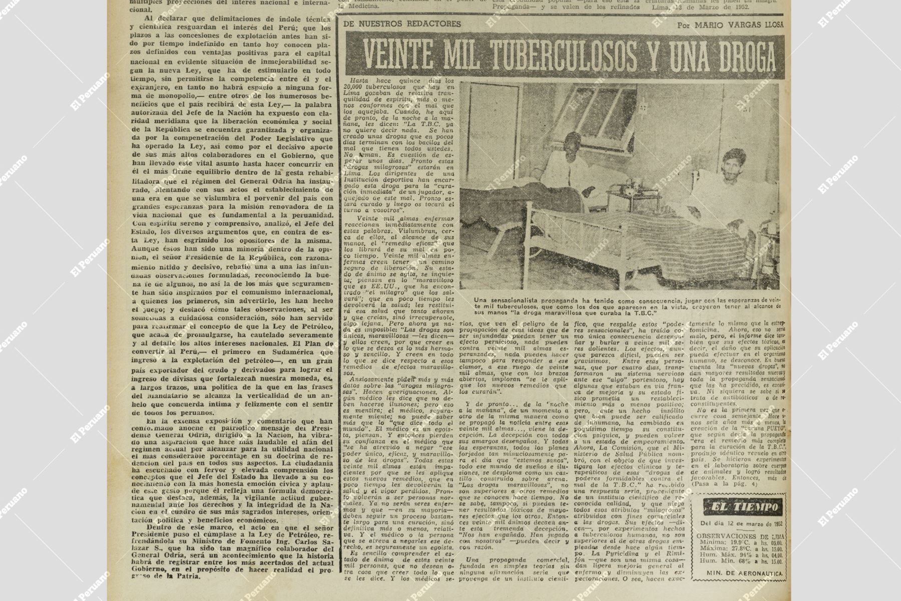 Artículo de Mario Vargas LLosa titulado "Veinte mil tuberculosos y una droga", sobre la tuberculosis en Lima, publicado en el diario La Crónica el 13 de marzo de 1952. Foto: Diario La Crónica / Cendoc El Peruano