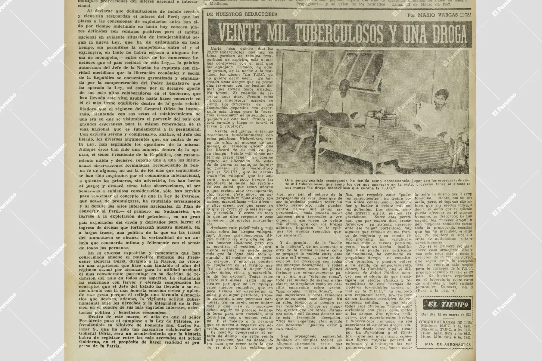 Artículo de Mario Vargas LLosa titulado "Veinte mil tuberculosos y una droga", sobre la tuberculosis en Lima, publicado en el diario La Crónica el 13 de marzo de 1952. Foto: Diario La Crónica / Cendoc El Peruano