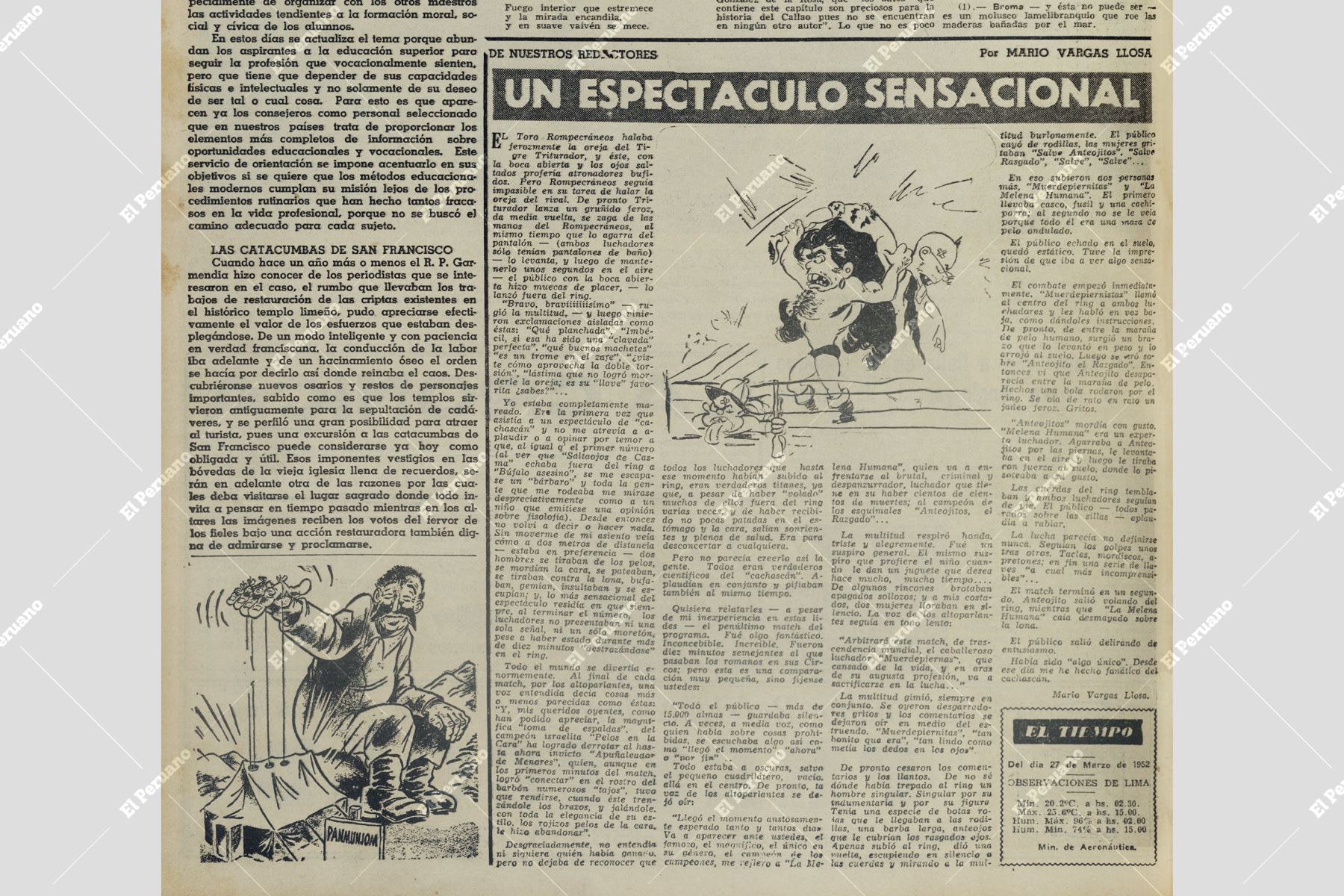 Artículo de Mario Vargas LLosa titulado "Un espectáculo sensacional", sobre las peleas de cachascán, publicado en el diario La Crónica el 28 de marzo de 1952. Foto: Diario La Crónica / Cendoc El Peruano