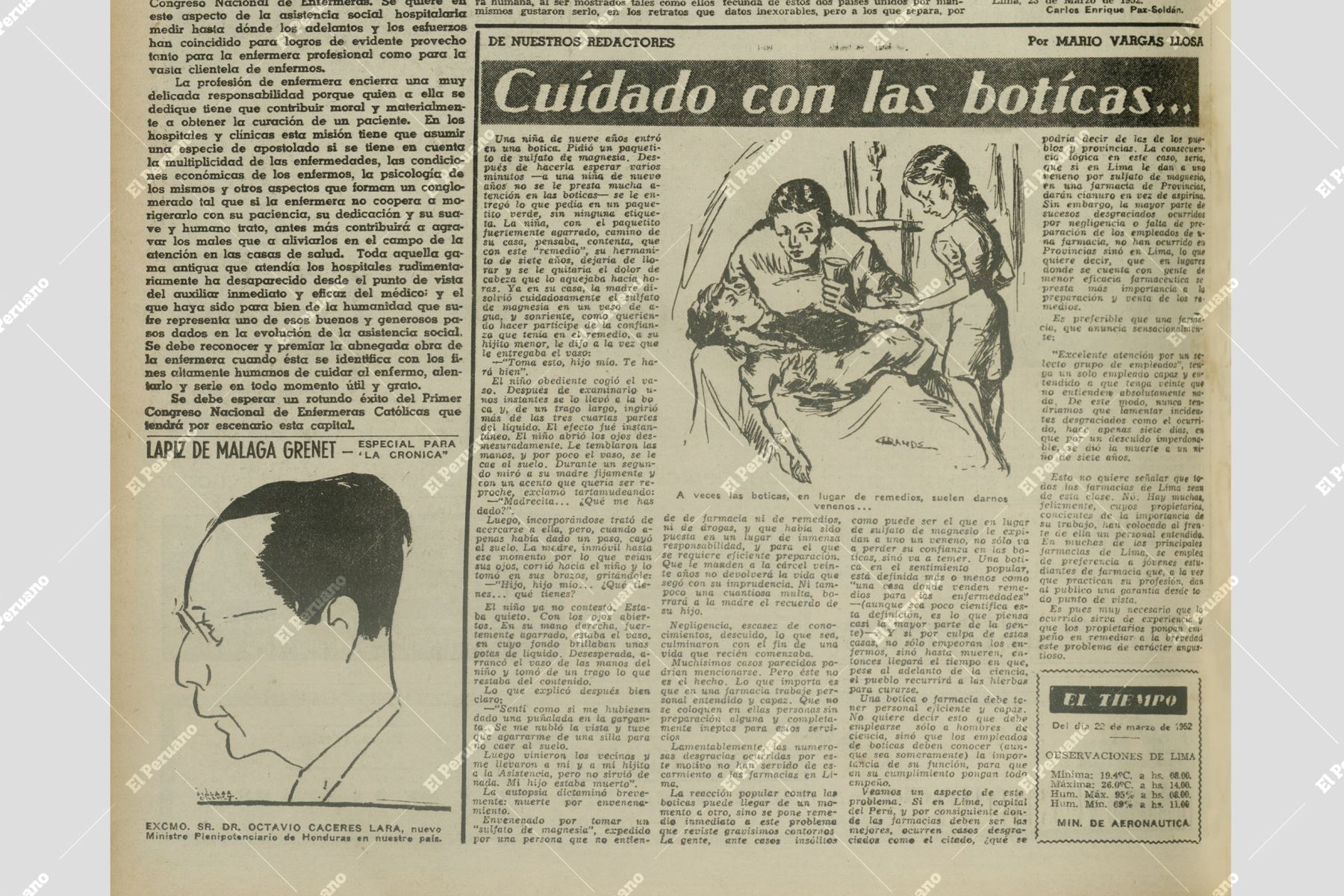 Artículo de Mario Vargas LLosa titulado "Cuidado con las boticas", publicado en el diario La Crónica el 23 de marzo de 1952. Foto: Diario La Crónica / Cendoc El Peruano