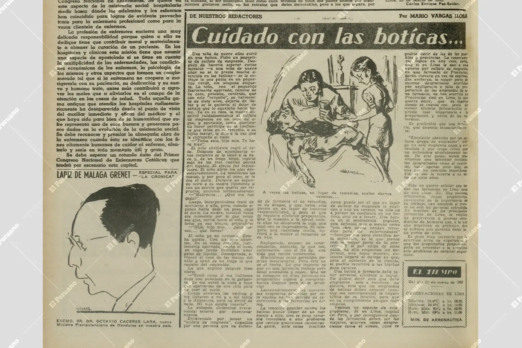 Artículo de Mario Vargas LLosa titulado "Cuidado con las boticas", publicado en el diario La Crónica el 23 de marzo de 1952. Foto: Diario La Crónica / Cendoc El Peruano
