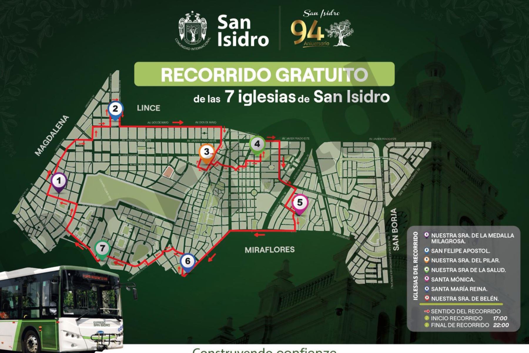 Municipalidad de San Isidro habilitará 7 buses eléctricos que recorrerán las 7 iglesias de forma gratuita por Semana Santa. Foto: Difusión