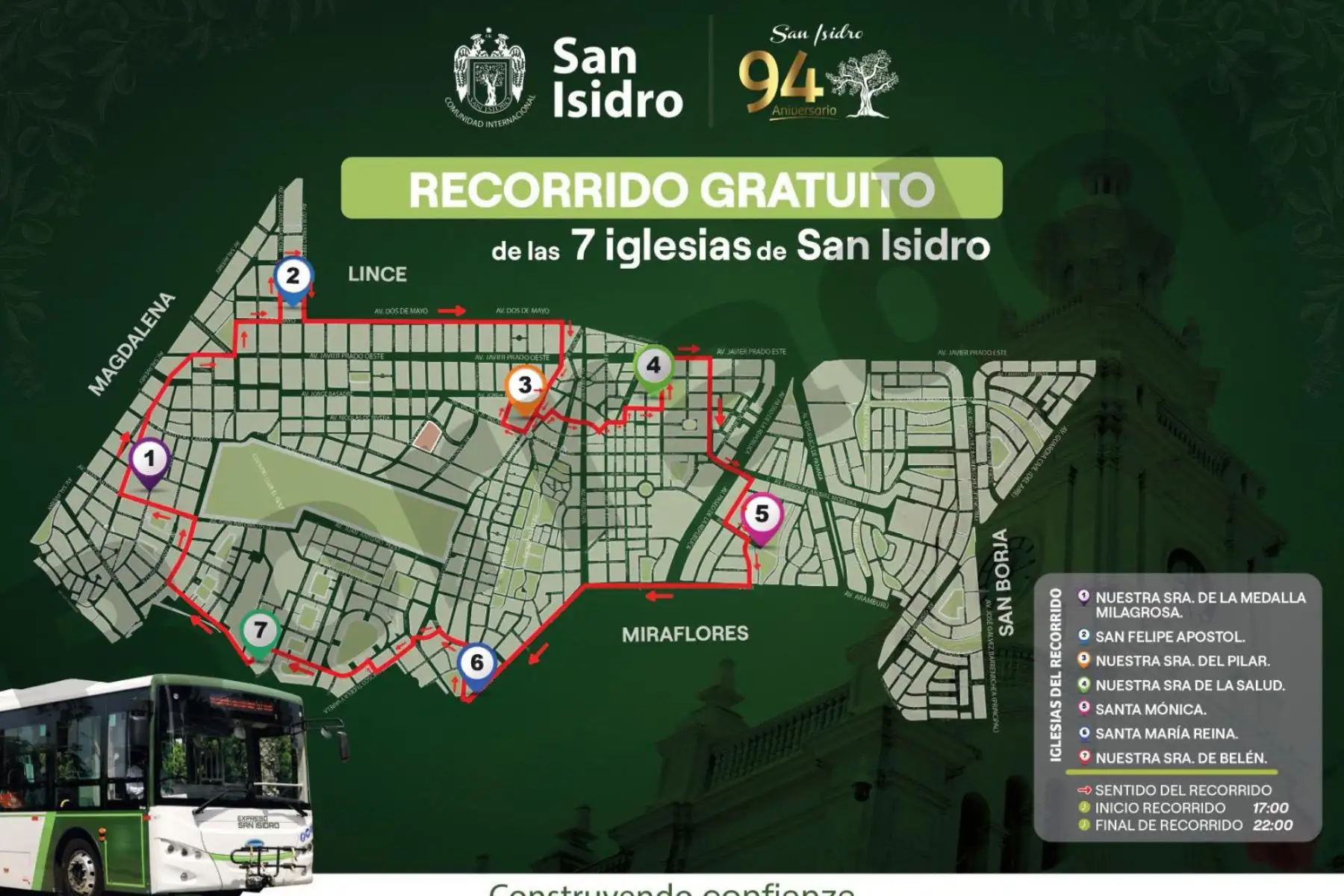 Municipalidad de San Isidro habilitará 7 buses eléctricos que recorrerán las 7 iglesias de forma gratuita por Semana Santa. Foto: Difusión