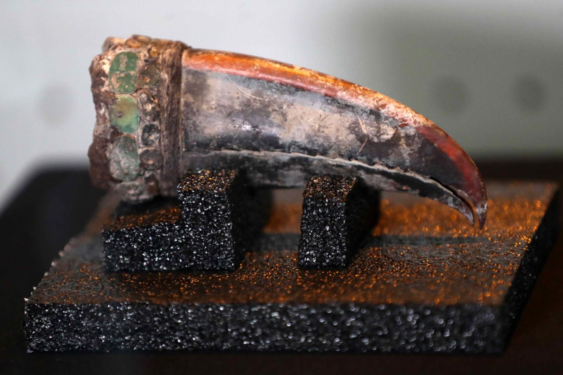 El pico de un tucán, con 12 piedras minerales de color verde incrustadas, es exhibido como parte de uno de los objetos hallados en el fardo delenterramiento de una mujer este jueves, en Lima (Perú). Un grupo de arqueólogos peruanos descubrió entre los restos de la civilización Caral, la más antigua de América, el enterramiento de una mujer de alto estatus, datado entre el 3.000 y el 1.800 a.C., que conserva en buen estado su cuerpo rodeado de numerosas ofrendas, algunas de ellas llegadas de la Amazon