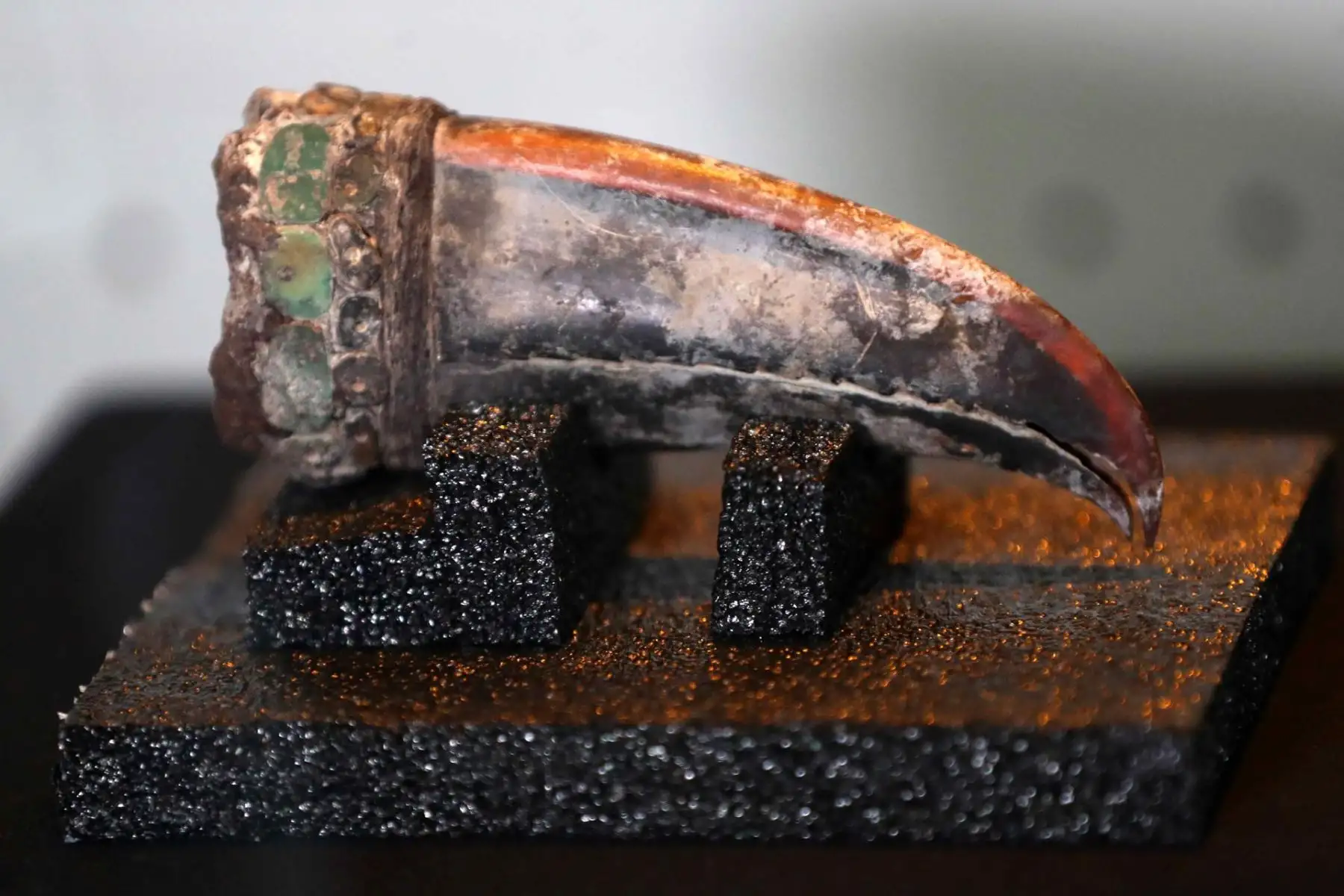 El pico de un tucán, con 12 piedras minerales de color verde incrustadas, es exhibido como parte de uno de los objetos hallados en el fardo delenterramiento de una mujer este jueves, en Lima (Perú). Un grupo de arqueólogos peruanos descubrió entre los restos de la civilización Caral, la más antigua de América, el enterramiento de una mujer de alto estatus, datado entre el 3.000 y el 1.800 a.C., que conserva en buen estado su cuerpo rodeado de numerosas ofrendas, algunas de ellas llegadas de la Amazon