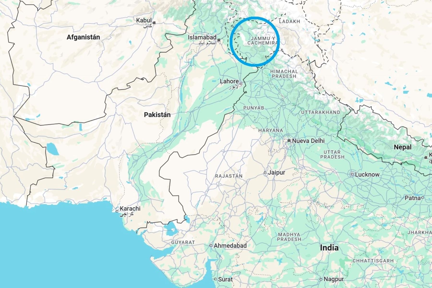 Mapa de ubicación de la zona de Cachemira. Imagen: Google Maps.