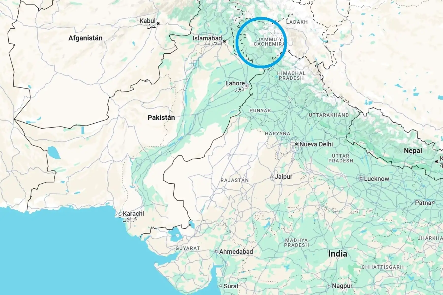 Mapa de ubicación de la zona de Cachemira. Imagen: Google Maps.