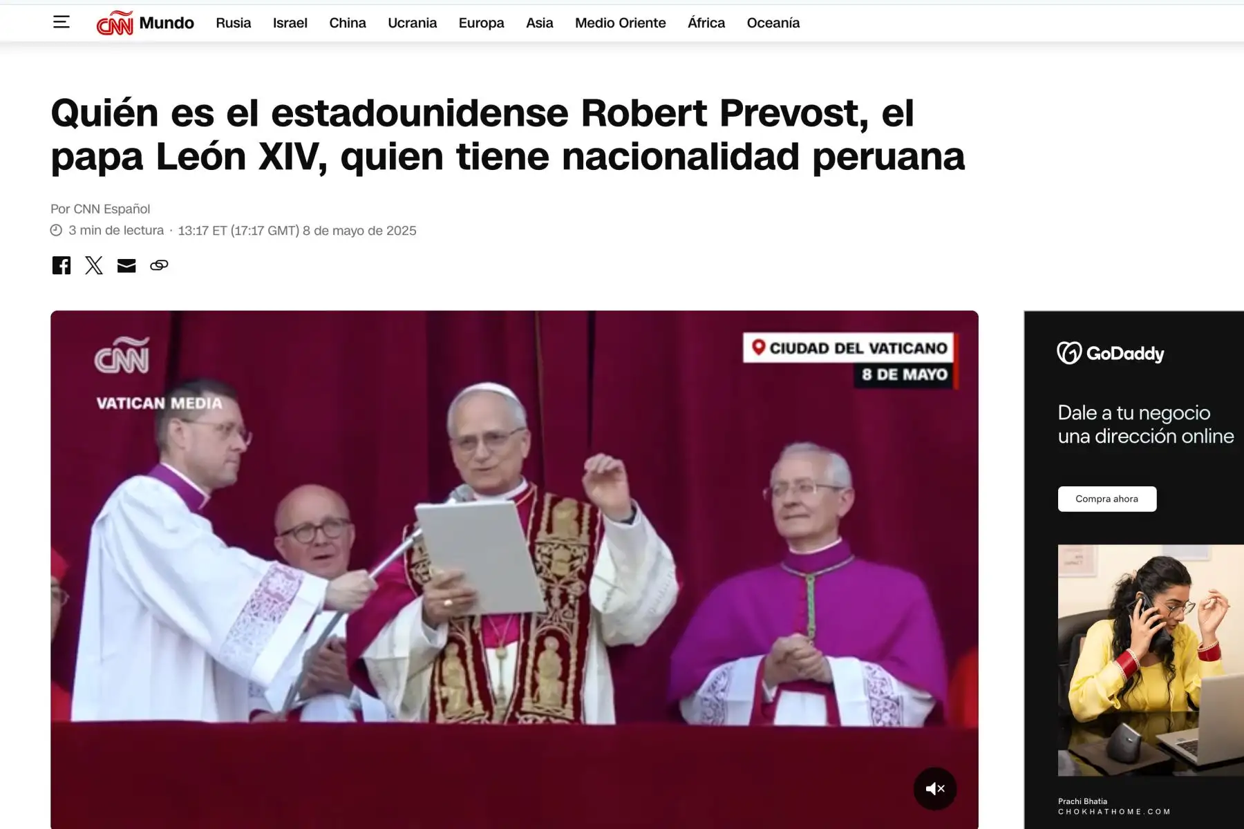 Así informó la cadena norteamericana CNN sobre la elección del religioso estadounidense nacionalizado peruano, Robert Francis Prevost, como el nuevo papa León XIV. Foto: INTERNET/Medios