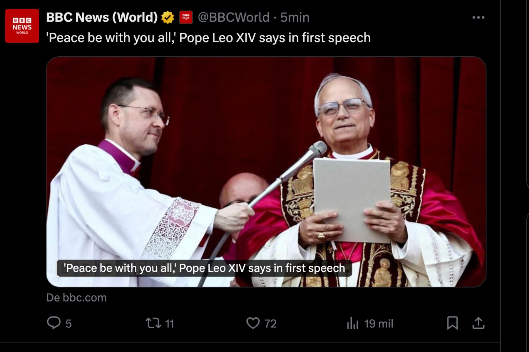 Así informó la BBC de Londres sobre la elección del religioso estadounidense nacionalizado peruano, Robert Francis Prevost, como el nuevo papa León XIV. Foto: INTERNET/Medios