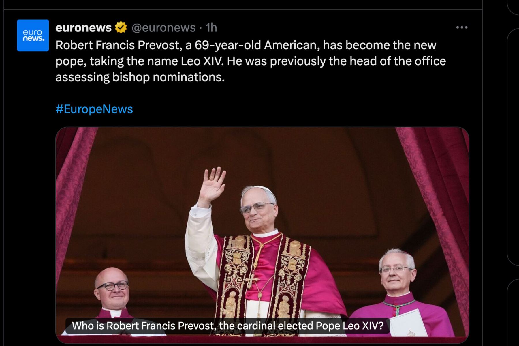 Así informó la cadena de noticias Euronews sobre la elección del religioso estadounidense nacionalizado peruano, Robert Francis Prevost, como el nuevo papa León XIV. Foto: INTERNET/Medios