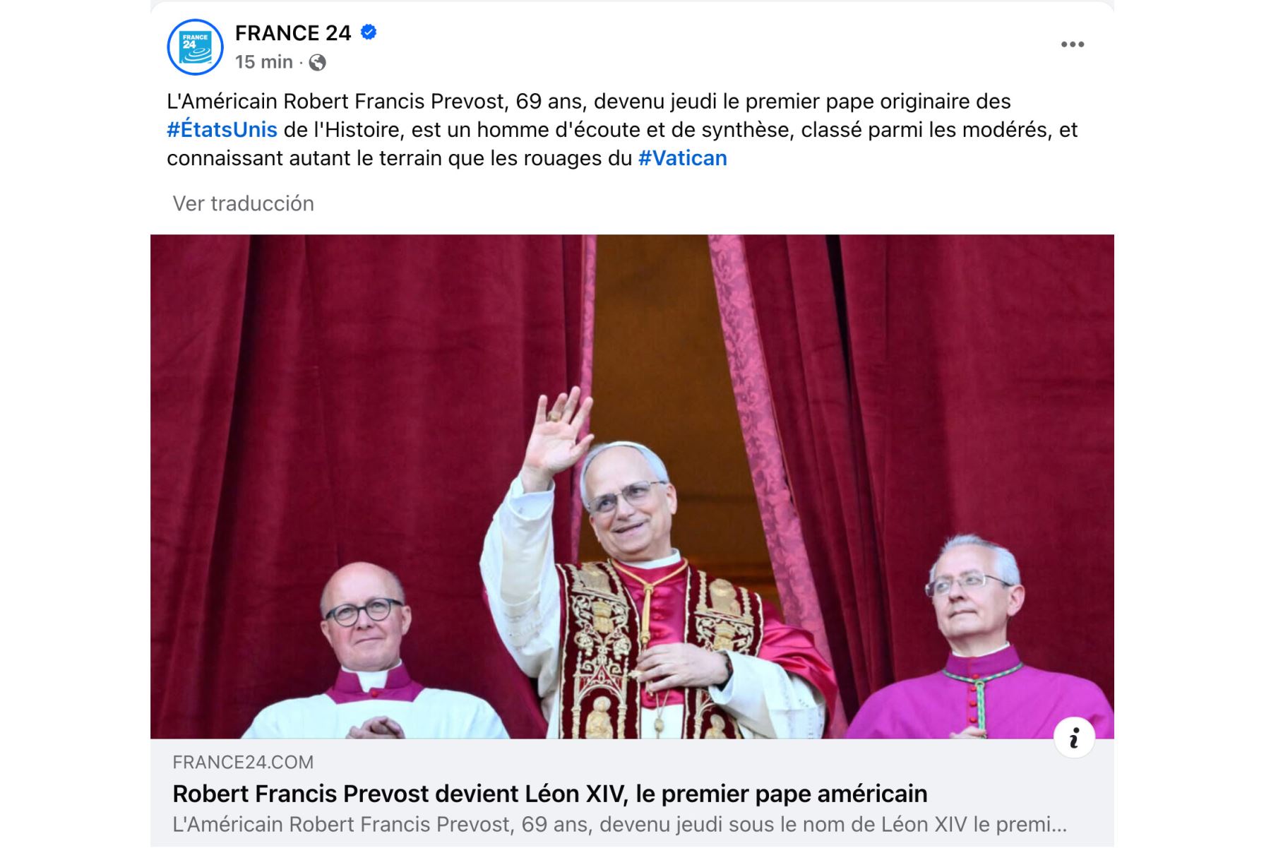 Así informó la cadena de noticias France24 sobre la elección del religioso estadounidense nacionalizado peruano, Robert Francis Prevost, como el nuevo papa León XIV. Foto: INTERNET/Medios