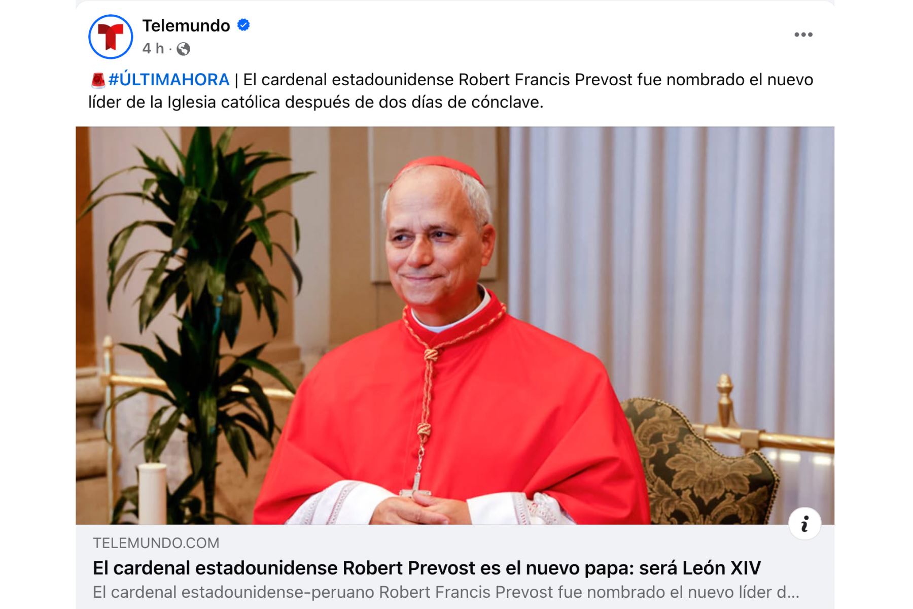 Así informó la cadena norteamericana Telemundo sobre la elección del religioso estadounidense nacionalizado peruano, Robert Francis Prevost, como el nuevo papa León XIV. Foto: INTERNET/Medios