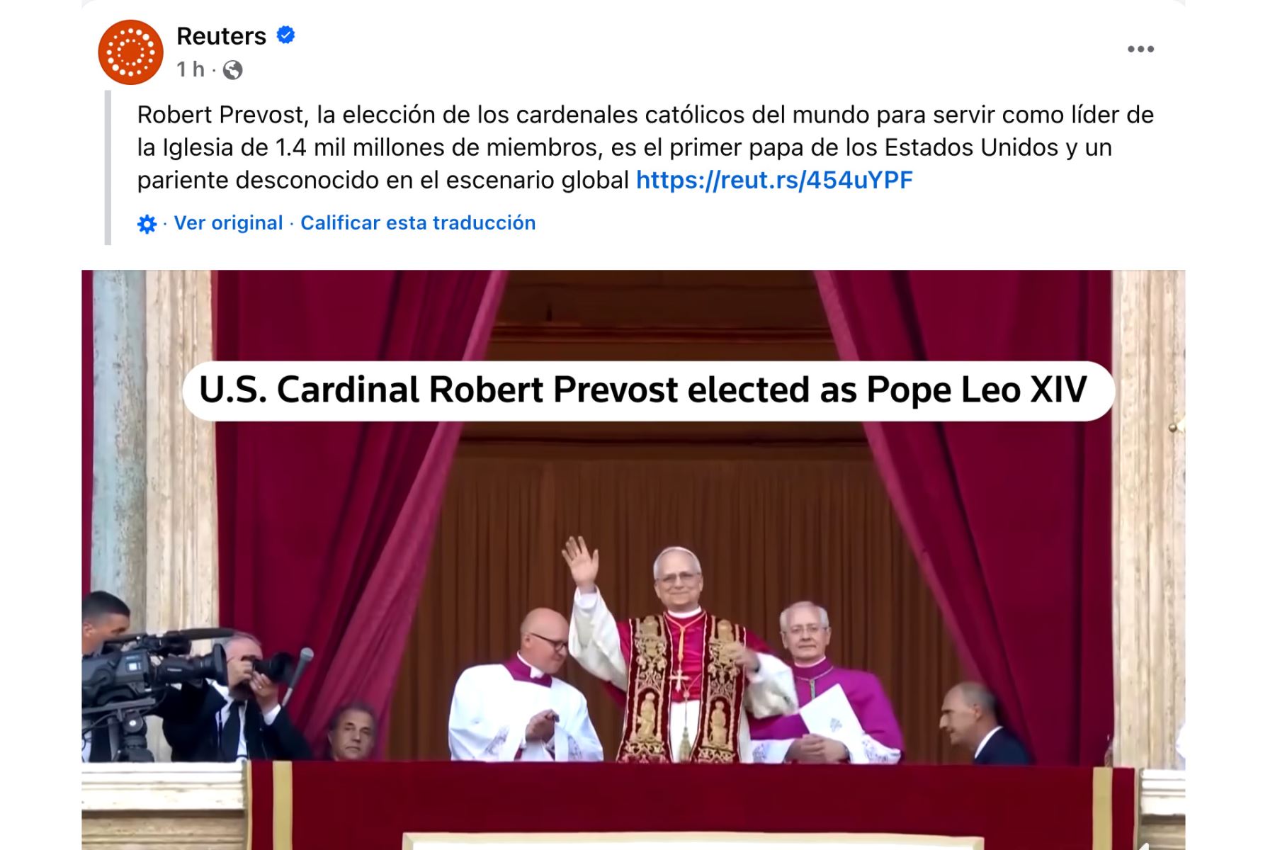 Así informó la agencia de noticias Reuters sobre la elección del religioso estadounidense nacionalizado peruano, Robert Francis Prevost, como el nuevo papa León XIV. Foto: INTERNET/Medios
