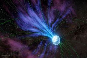Esta ilustración representa el concepto de un magnétar, un tipo de estrella de neutrones con un fuerte campo magnético, perdiendo material en el espacio. NASA/JPL-Caltech