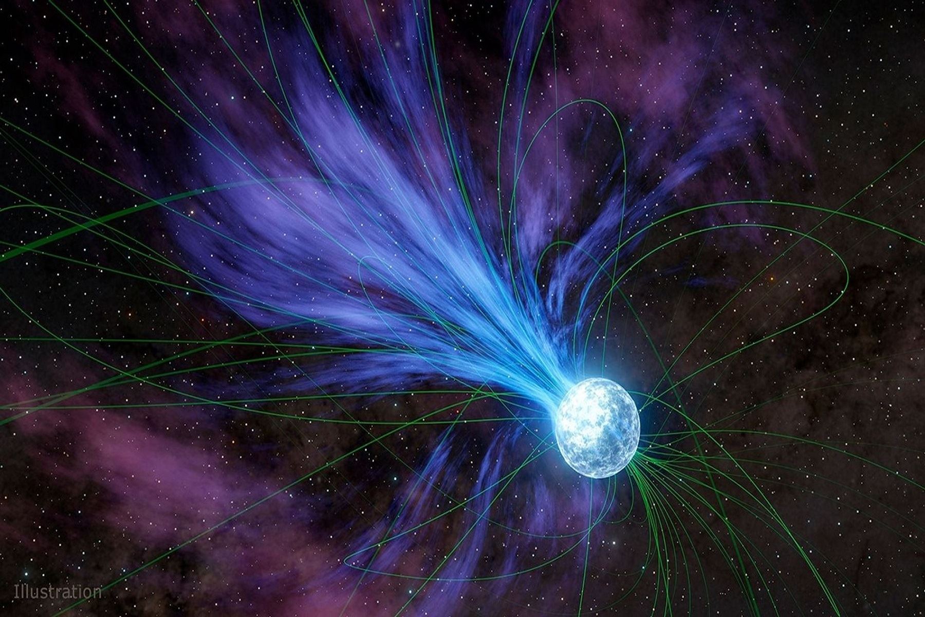 Esta ilustración representa el concepto de un magnétar, un tipo de estrella de neutrones con un fuerte campo magnético, perdiendo material en el espacio. NASA/JPL-Caltech