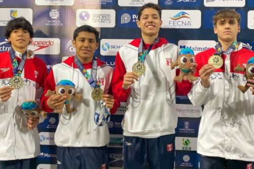 Los nadadores peruanos celebran sus triunfos en Medellín tras sumar siete medallas de oro en el Panam Aquatics Championship.