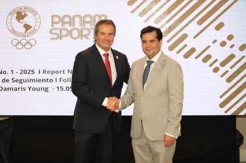 El presidente del IPD, Federico Tong, junto a Neven Ilic, titular de Panam Sports, durante la reunión de coordinación rumbo a los Juegos Panamericanos Lima 2027.