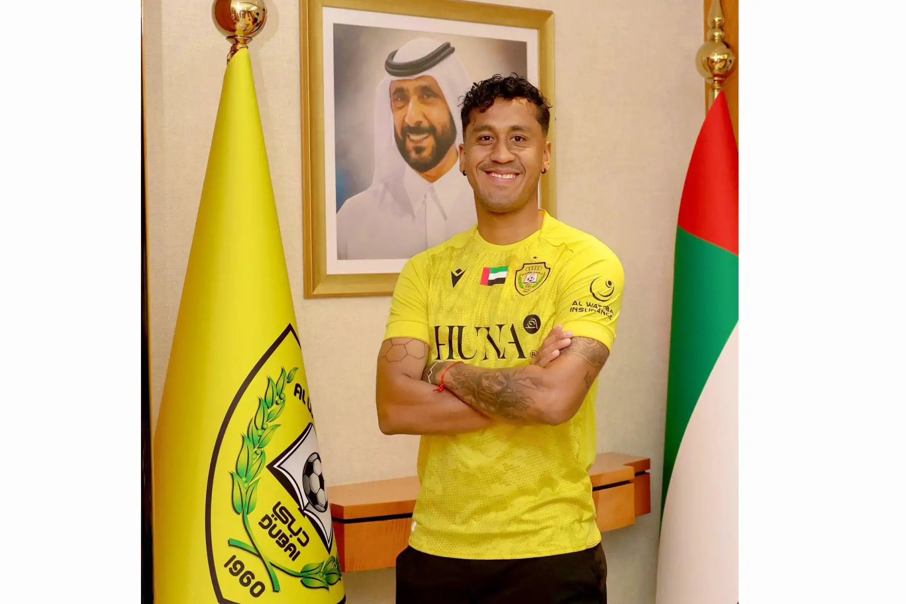 El internacional peruano Renato Tapia, exjugador del RC Celta y del CD Leganés en LaLiga, jugará las dos próximas temporadas en el Al Wasl SC de Emiratos Árabes Unidos. El club emiratí conquistó en enero pasado la Super Shield tras vencer en la final al Al Sadd de Catar.
Foto: Twitter/@AlWaslSC