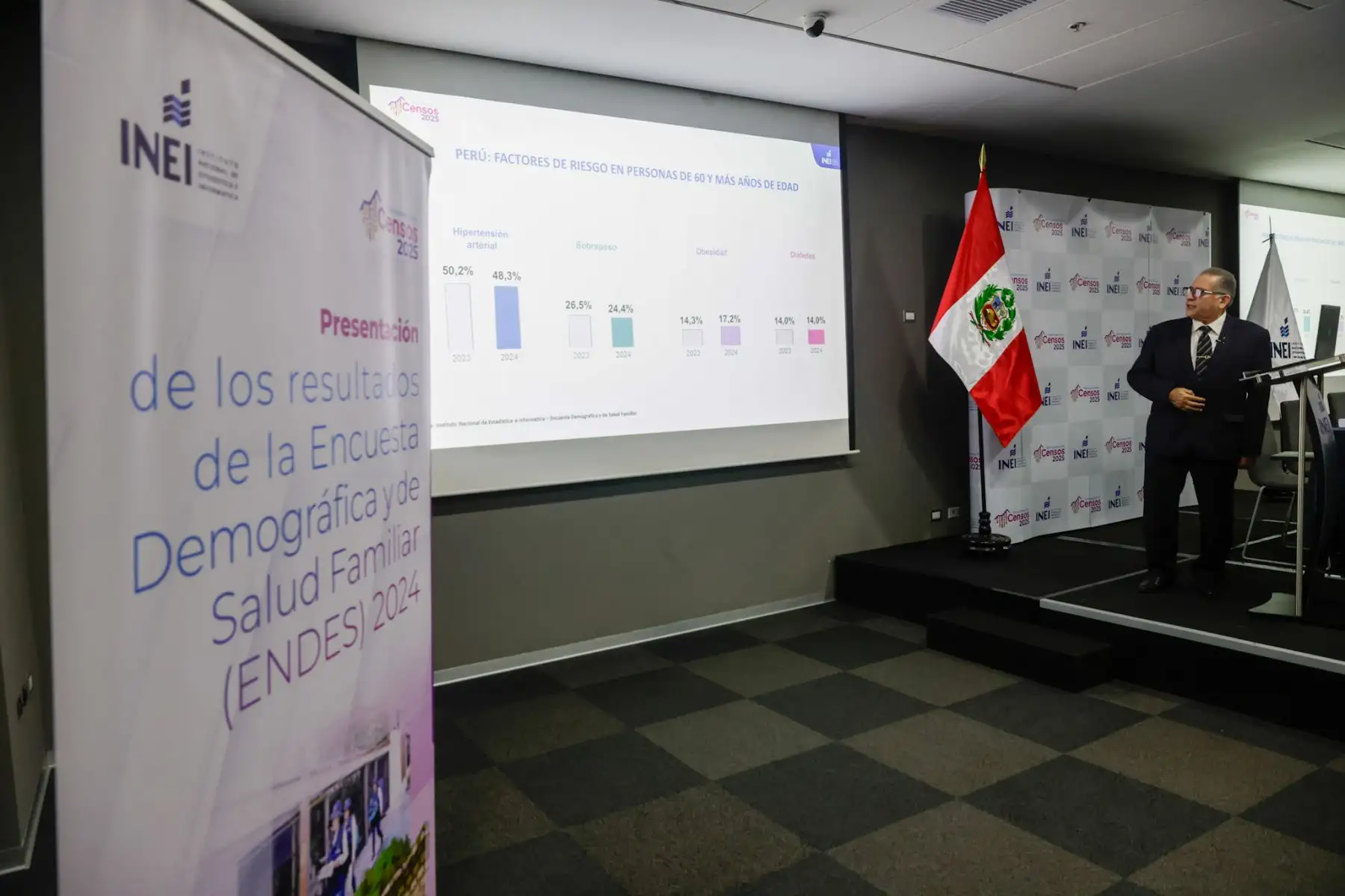 El Instituto Nacional de Estadística e Informática (INEI) presentó los resultados de la Encuesta Demográfica y de Salud Familiar 2024 en un evento que reunió a destacados representantes del sector salud. La exposición estuvo a cargo de Gaspar Morán, jefe del INEI, acompañado por Eric Peña, viceministro de salud pública del MINSA, Hugo González del UNFPA y un representante de la OPS/OMS, quienes destacaron la relevancia de los hallazgos para las políticas públicas. Foto: ANDINA/Luis Iparraguirre